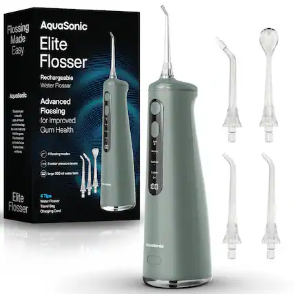 Flossing Made Easy
AquaSonic Elite Flosser
Rechargeable Water Flosser
Advanced Flossing for Improved Gum Health
- 4 flossing modes
- 8 water pressure levels
- Large 300 ml water tank
4 Tips
Water Flosser
Travel Bag
Charging Cord
AquaSonic