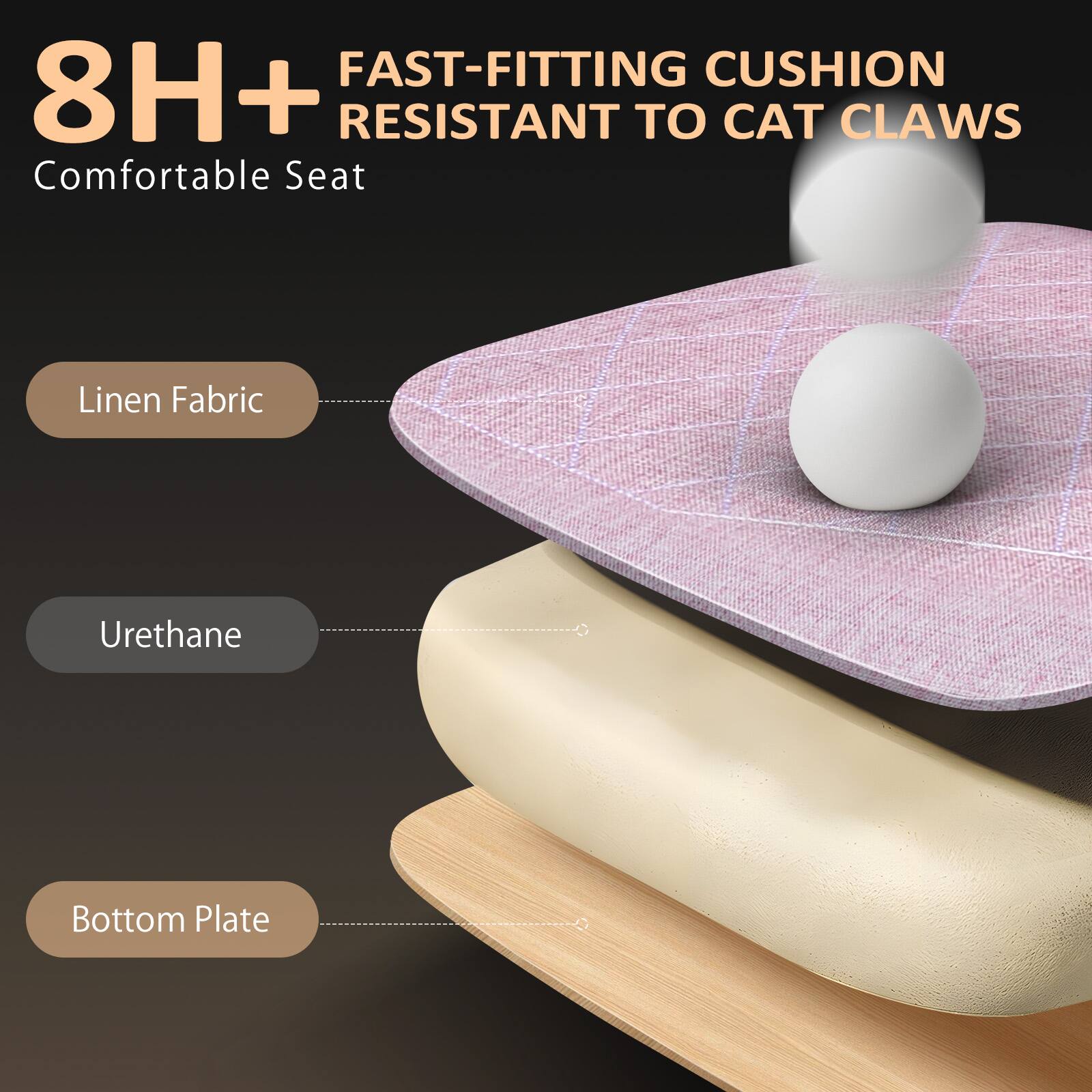 8H+  
FAST-FITTING CUSHION  
RESISTANT TO CAT CLAWS  
Comfortable Seat  

Linen Fabric  
Urethane  
Bottom Plate
