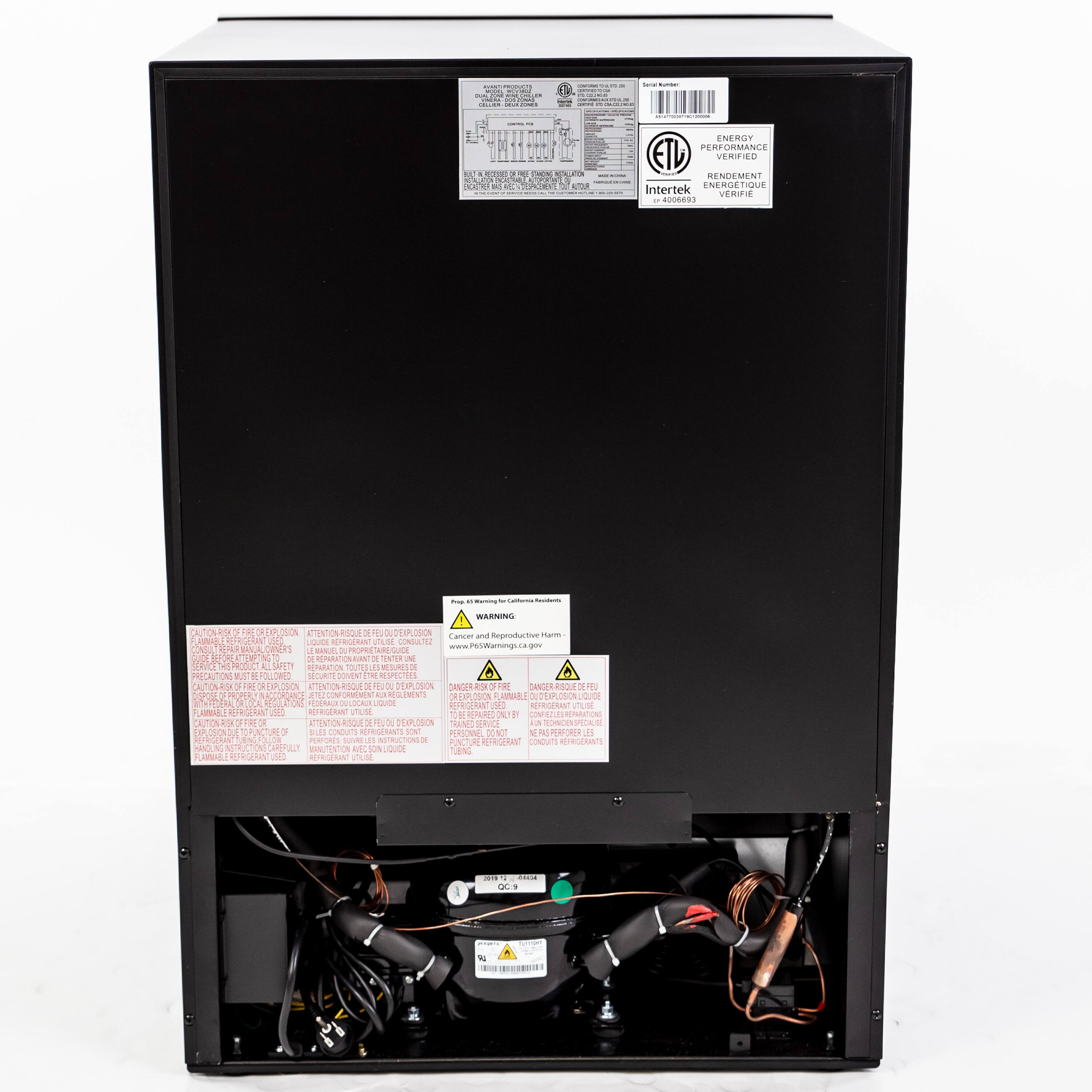The image features a black refrigerator with a white door. The refrigerator has a sticker on the back that says "Energy Performance Verified." The refrigerator is empty, with no visible items inside. The sticker on the back of the refrigerator indicates that it has been tested and meets energy efficiency standards.