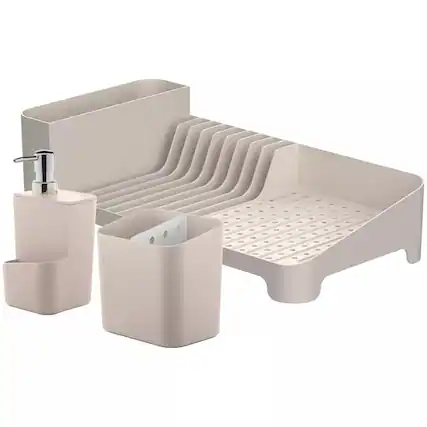 Front. OU - OU Kitchen Sink Organizer Set 3pc, Dish Rack, Cutlery Drainer & Soap Dispenser with Sponge Holder - Beige - Beige.