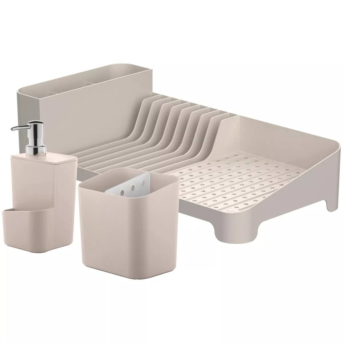 Front. OU - OU Kitchen Sink Organizer Set 3pc, Dish Rack, Cutlery Drainer & Soap Dispenser with Sponge Holder - Beige - Beige.