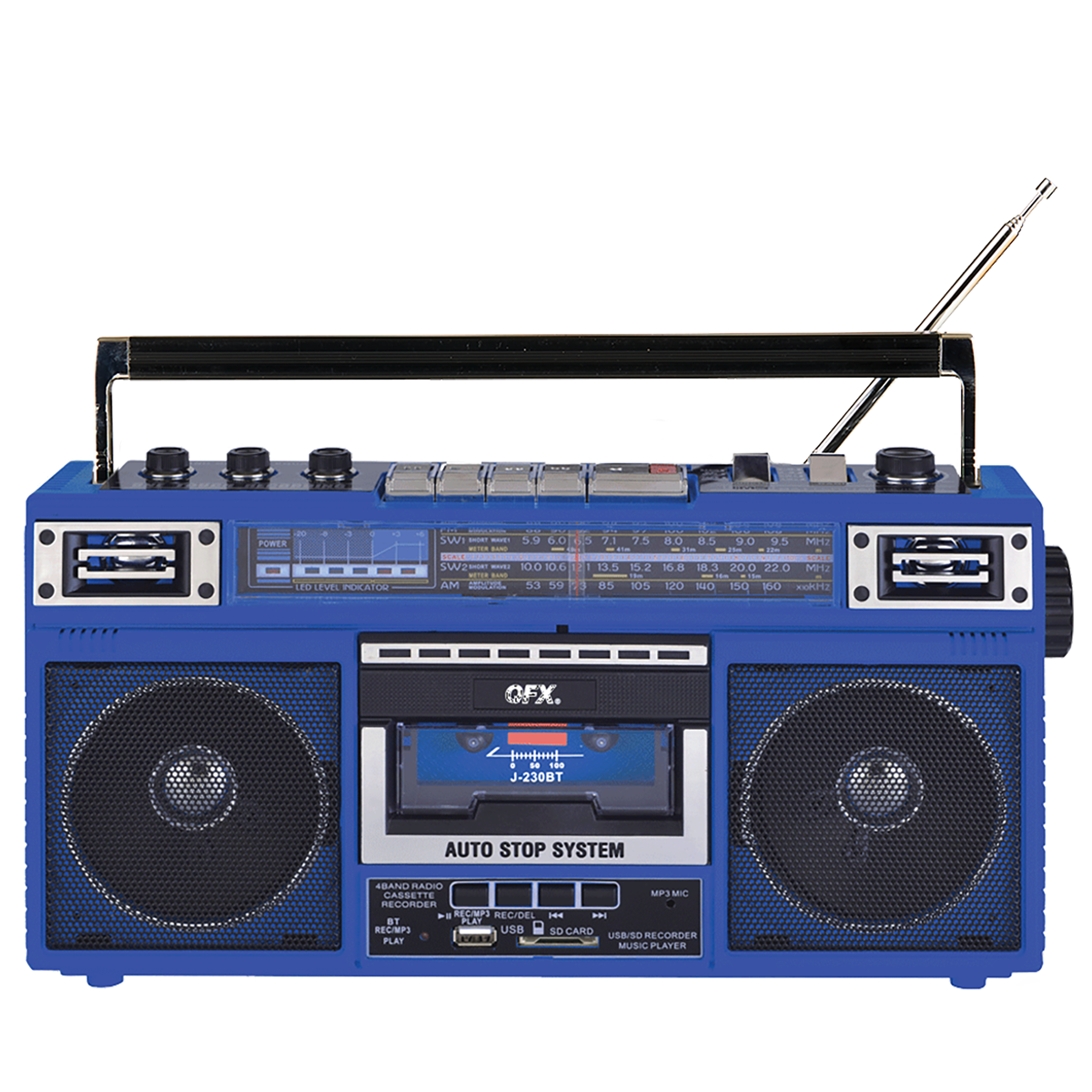 QFX - RECHARGEABLE CASSETTE AM/FM/SW1-2 RADIO BLUETOOTH BOOMBOX WITH USB RECORDING - Blue - Front_Zoom