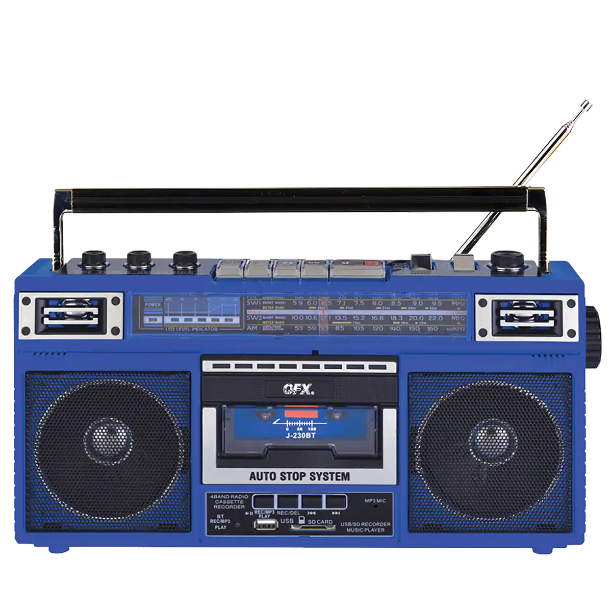 QFX - RECHARGEABLE CASSETTE AM/FM/SW1-2 RADIO BLUETOOTH BOOMBOX WITH USB RECORDING - Blue