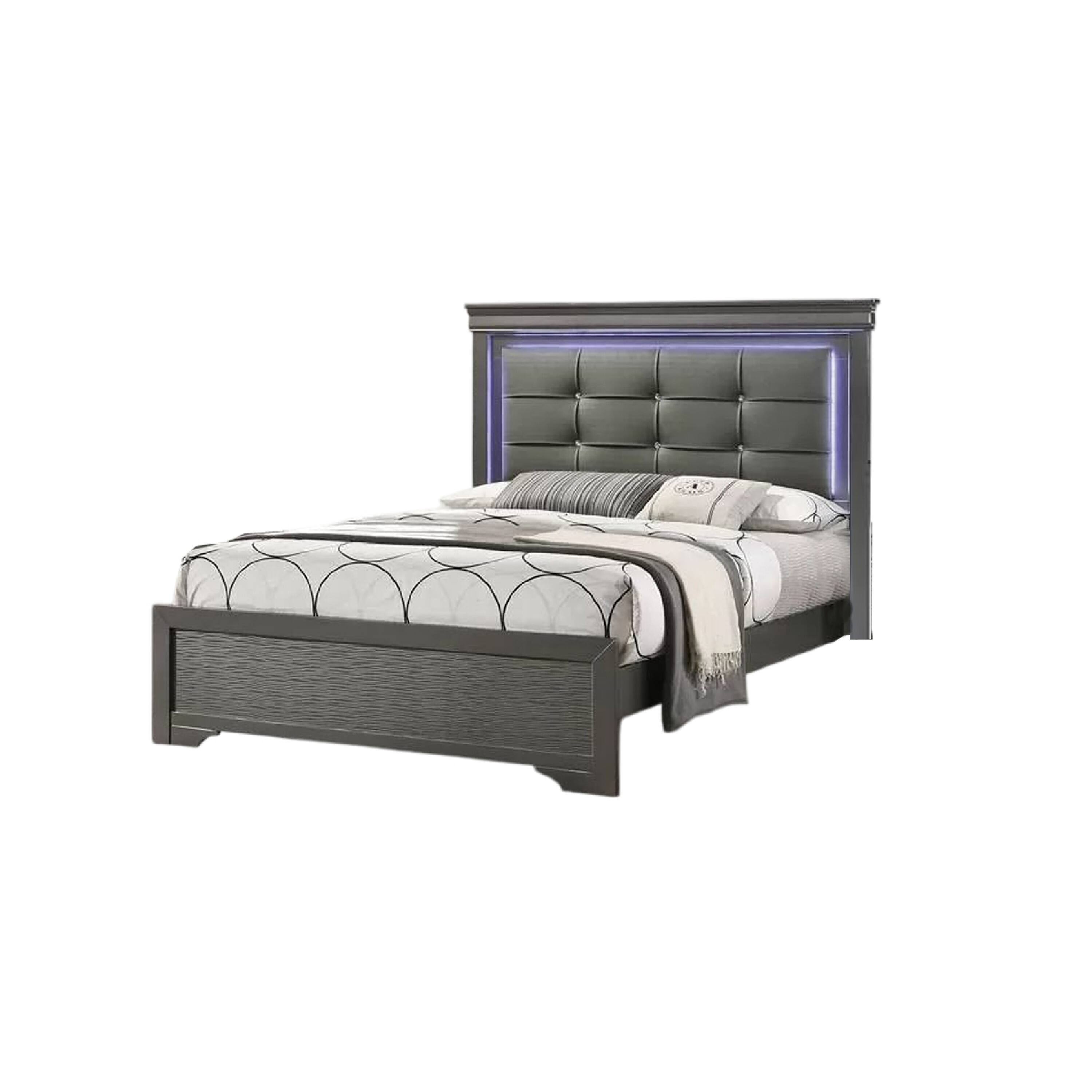 Angle. Manhattan Lane - Grin Queen Size Bed, LED Headboard, Gray Faux Leather Upholstery - Gray.