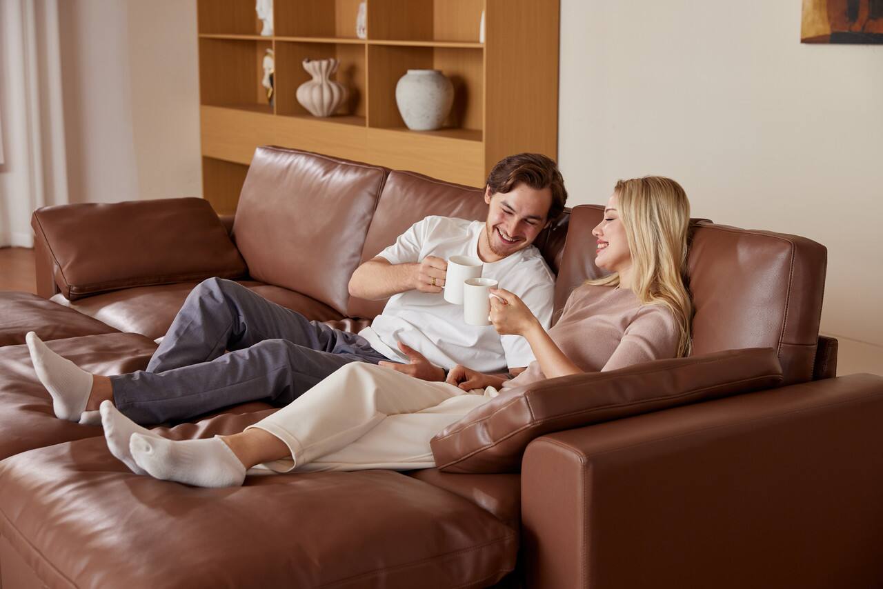 Left. Dyonery - Dyonery 120" Sectional Couches,Modern Modular Sectional Sofa,with Comfy Deep Seats,Fluffy L-Shape PU Leather Sofa Couch - Brown.