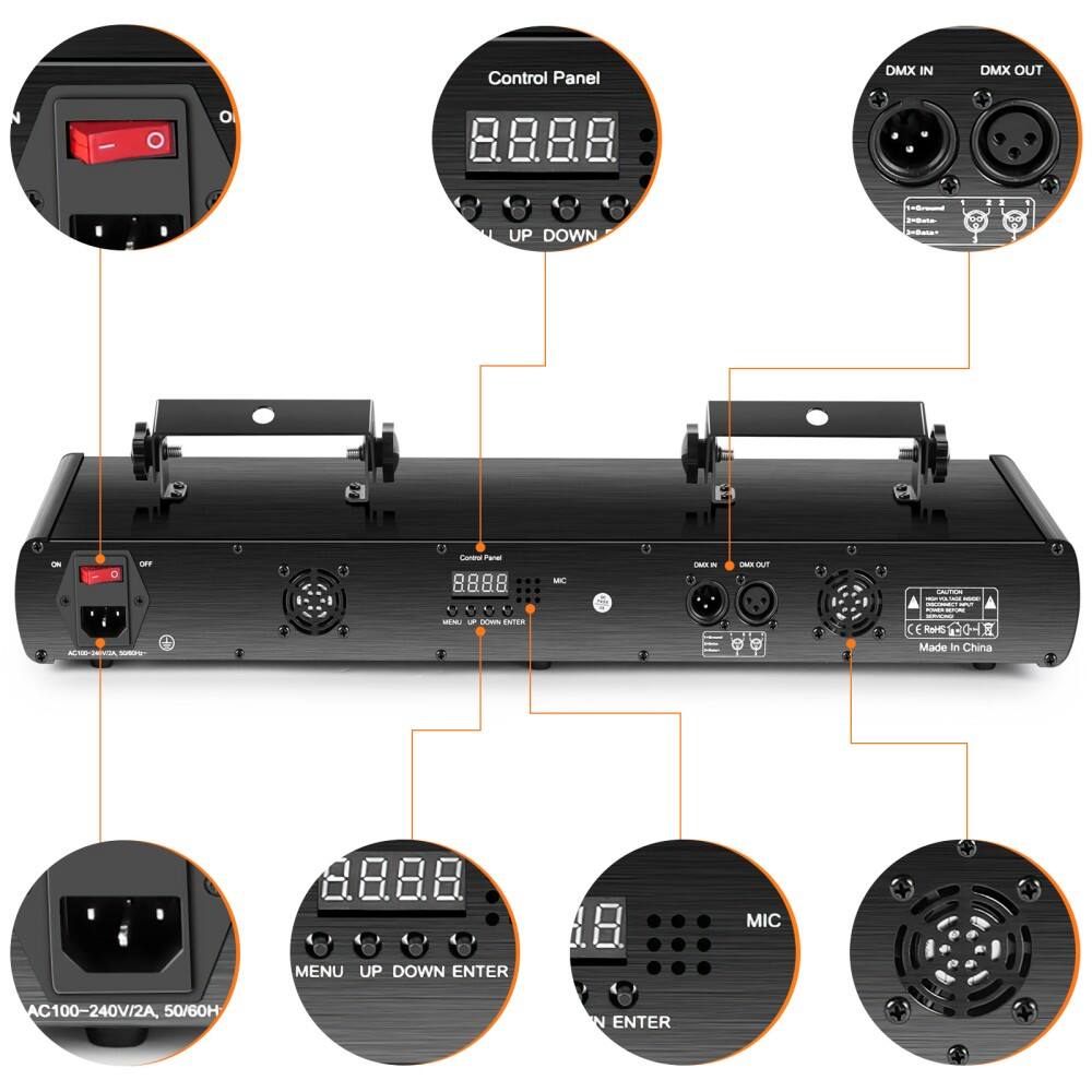 Sure, here is the corrected and grouped text from the image:

---

**Control Panel**

- DMX IN
- DMX OUT
- MIC
- MENU UP DOWN ENTER
- AC100-240V/2A, 50/60Hz
- Made in China

**Power Switch**

- ON
- OFF

**Control Panel**

- 8.8.8.8
- UP DOWN

**DMX IN**

**DMX OUT**

**MIC**

**MENU UP DOWN ENTER**

**AC100-240V/2A, 50/60Hz**

**Made in China**

---

This text is grouped according to the labels and sections visible in the image.