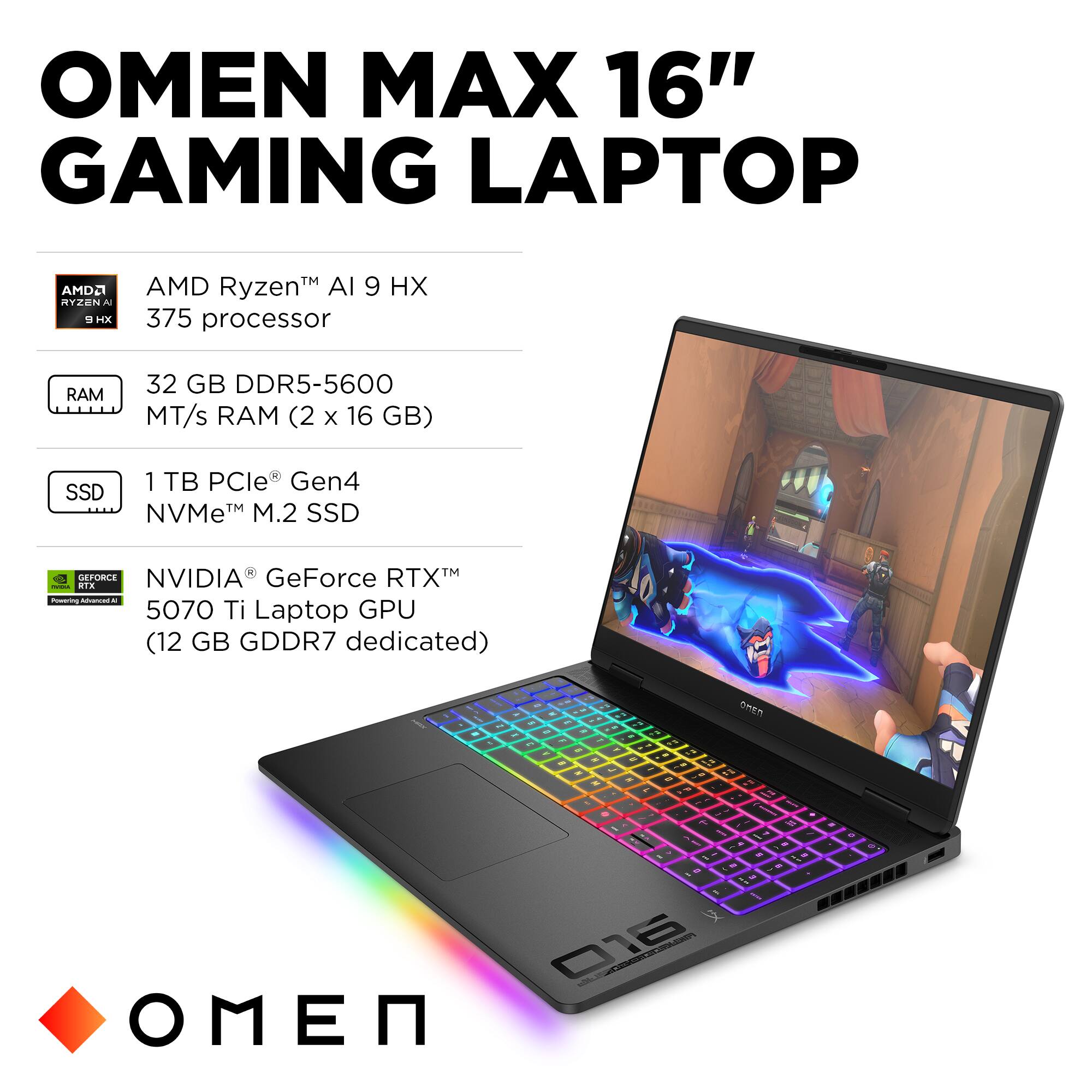 OMEN MAX 16" GAMING LAPTOP AMD Ryzen 9 3750H processor RAM 32 GB DDR5-5600 MT/s RAM (2 x 16 GB) SSD 1 TB PCle Gen4 NVMe M.2 SSD | NVIDIA GeForce RTX 5070 Ti Laptop GPU (12 GB GDDR7 dedicated)