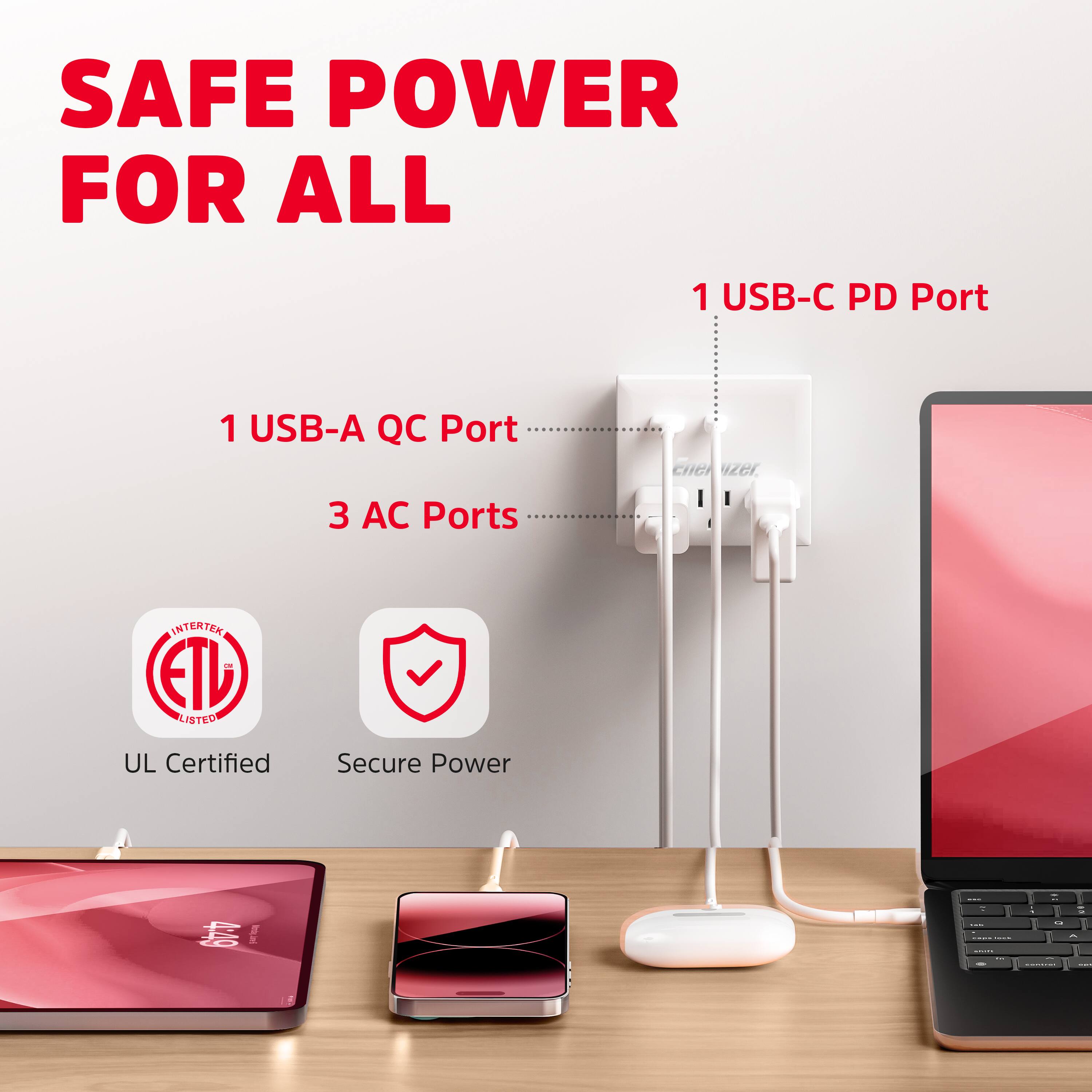 SAFE POWER FOR ALL

1 USB-C PD Port

1 USB-A QC Port

3 AC Ports

UL Certified

Secure Power

ETL LISTED