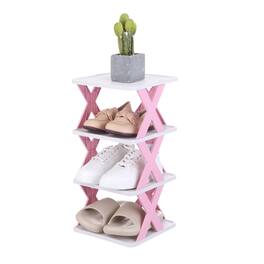 Unique Bargains - 4-Tier Plastic Shoe Rack, Vertical Stackable Folding Narrow Shelf for Closet Entryway Garage - Pink/White
