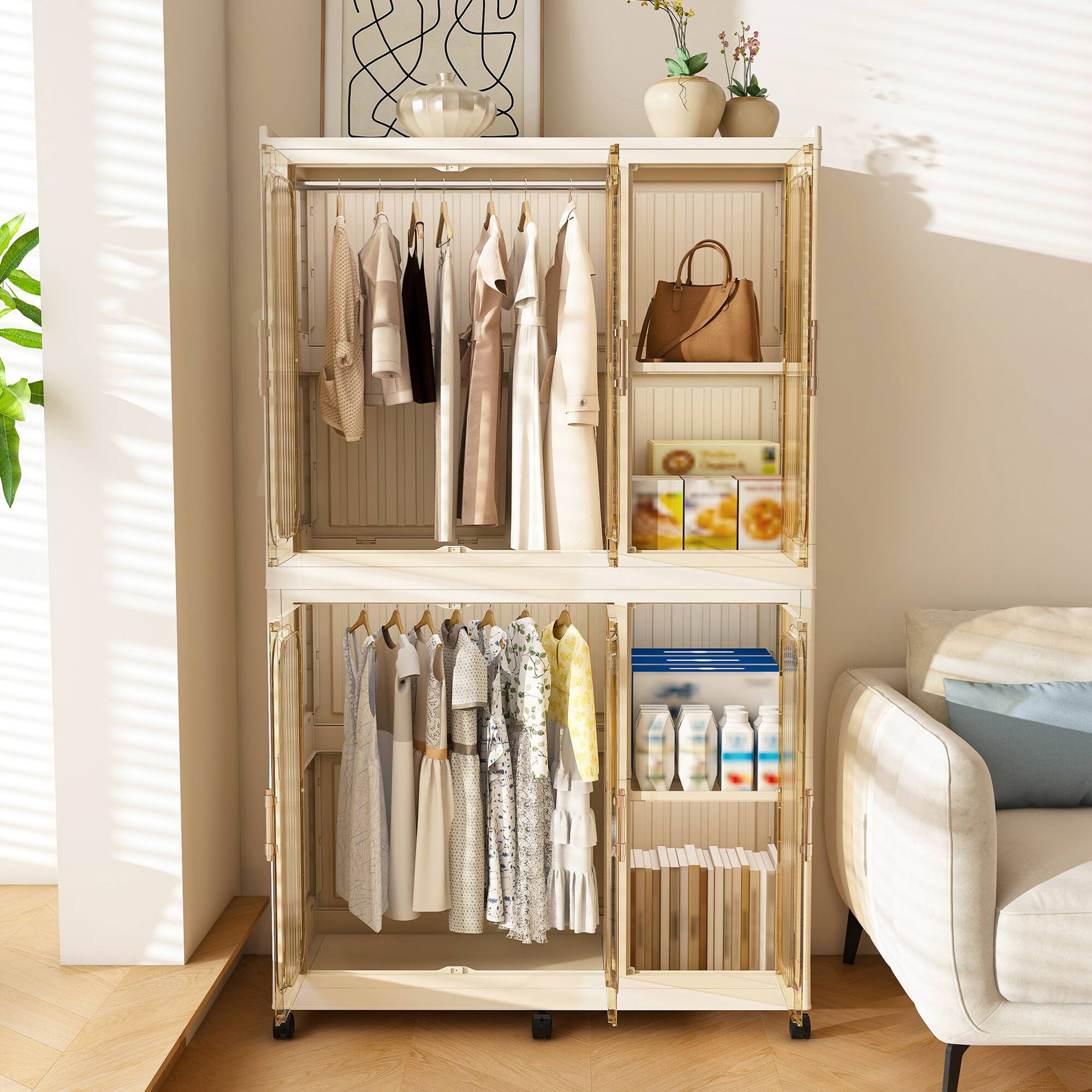 Alt View 1. GOODSILO - Portable Wardrobe Closet Storage Organizer with 6 Magnetic Doors, 6 Cubes and 2 Hanging Rods for Home Organization - Cream White.