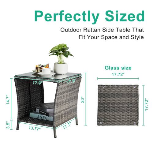 Perfectly Sized Outdoor Rattan Side Table That Fit Your Space and Style

Glass size: 17.72"

Dimensions:
- Height: 17.9"
- Width: 17.72"
- Depth: 14.7"
- Shelf Height: 3.5"
- Shelf Depth: 13.77"
- Overall Height: 20"
- Overall Width: 17.72"