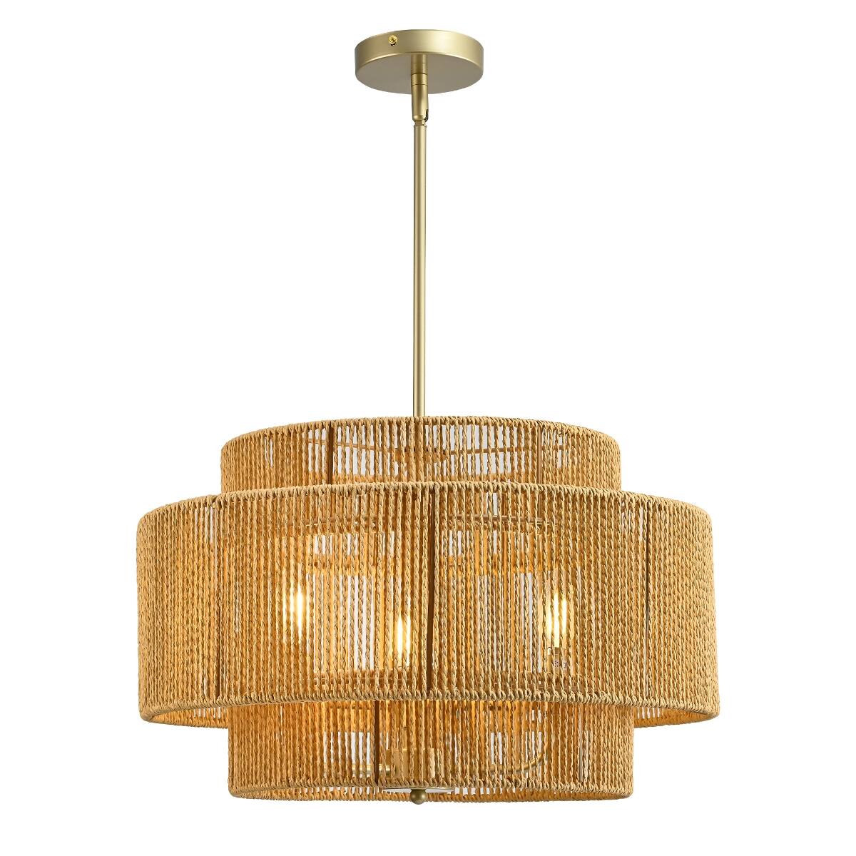Front. Loheer - Loheer Boho Rattan Chandelier, Three Light Chandelier with Paper Rope Shade and Gold Frame.