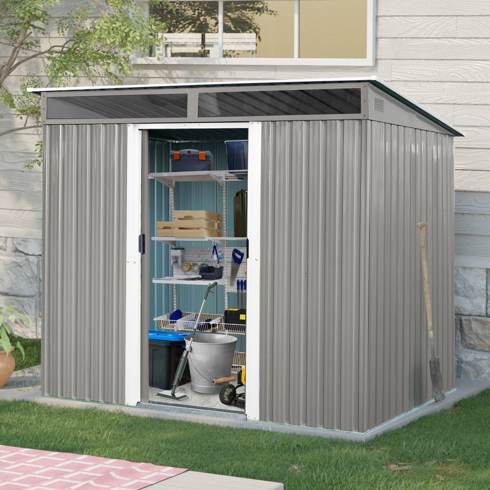 Left. Mondawe - 8ft x 6ft Outdoor Metal Storage with Lockable Sliding Doors - Gray.