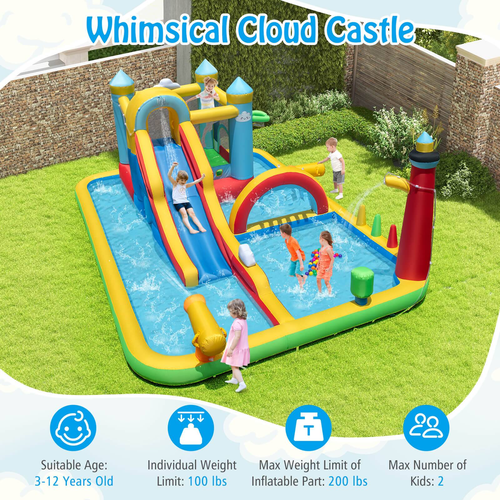 Whimsical Cloud Castle

Suitable Age: 3-12 Years Old

Individual Weight Limit: 100 lbs

Max Weight Limit of Inflatable Part: 200 lbs

Max Number of Kids: 2