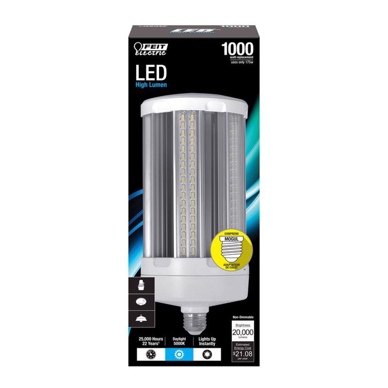 FEIT Electric LED High Lumen 1000 - A replacement bulb only, 175W LED, High Lumen, COMPRISE MOGUL ADAPTER DE CA, Non Dimmable, 25,000 Hours, 22 Years, Daylight 5000K, Lights Up Instantly, 20,000 Estimated Hours, $21.08