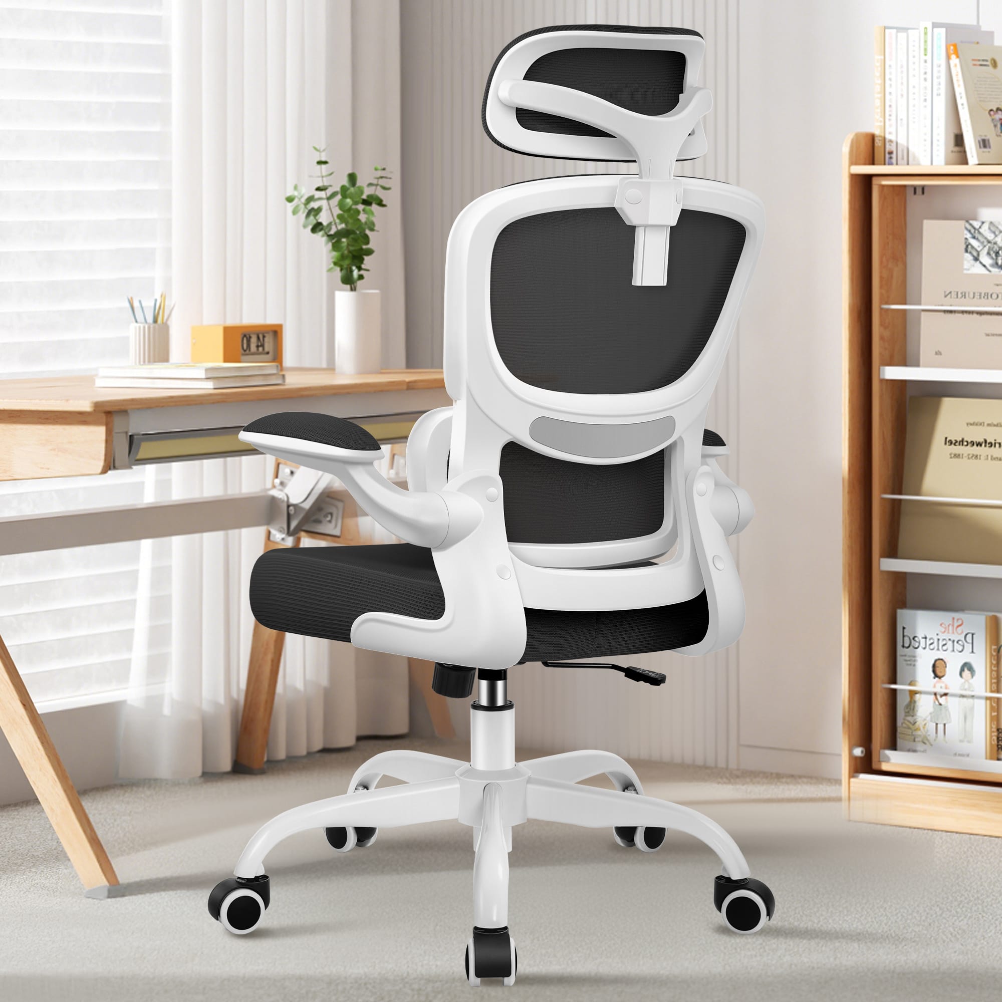 KERDOM - High Back Ergonomic Office Chair, Breathable Mesh Desk Chair with Lumbar Support, Flip-up Arms, Computer Gaming Chair - White