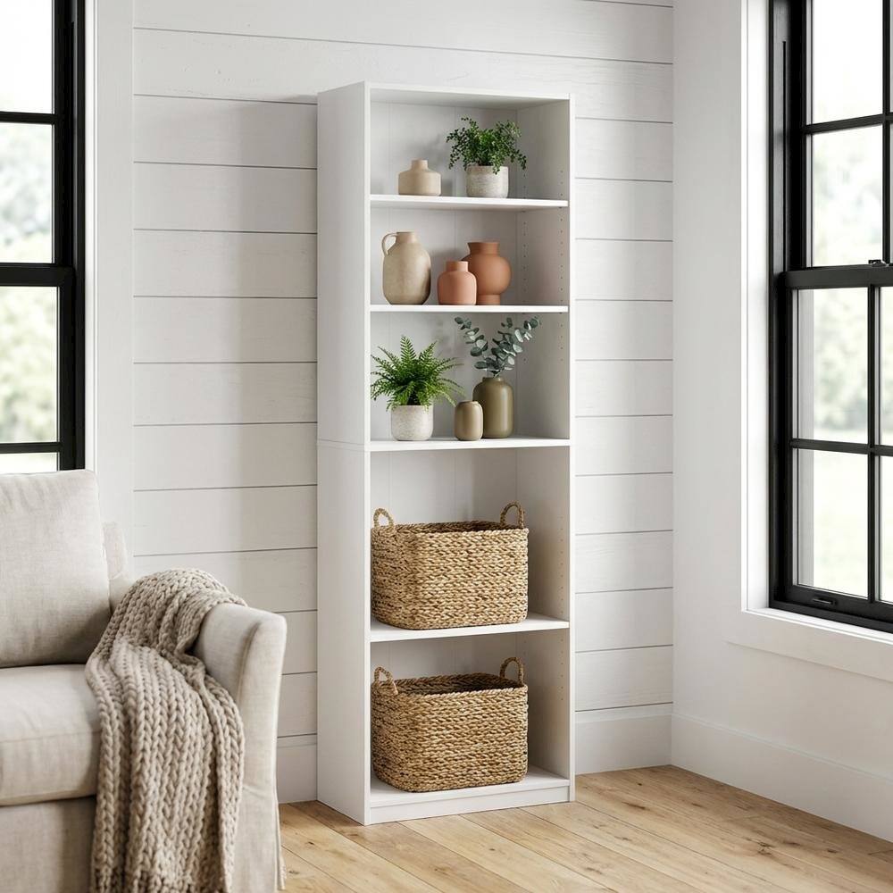 Angle. FurniFact - White 5-Tier Adjustable Shelf Bookcase with Wooden Construction - White.
