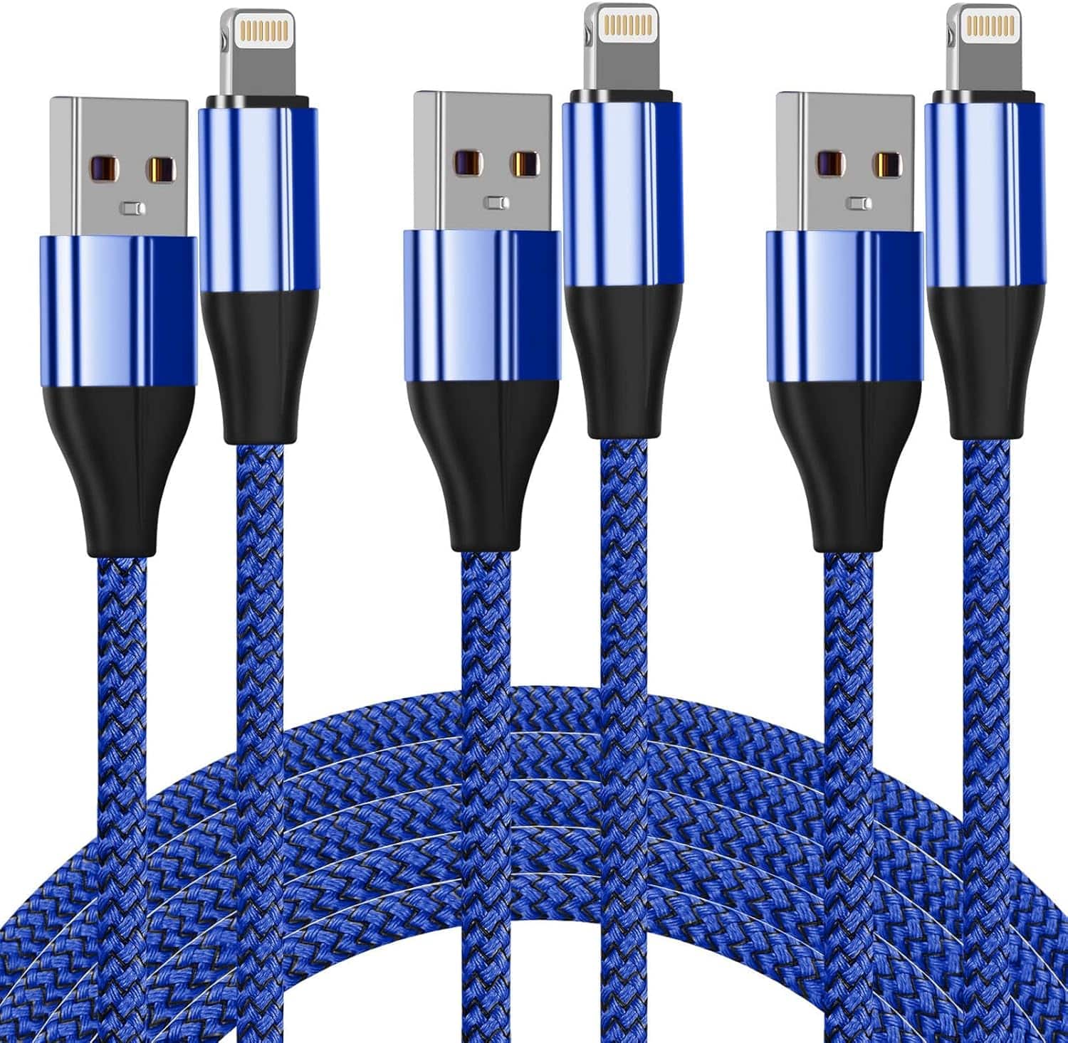 FEEL2NICE - iPhone Charger Cable [MFi Certified] ，(3 Pack 10 Foot) Nylon Braided Lightning Cable - Blue