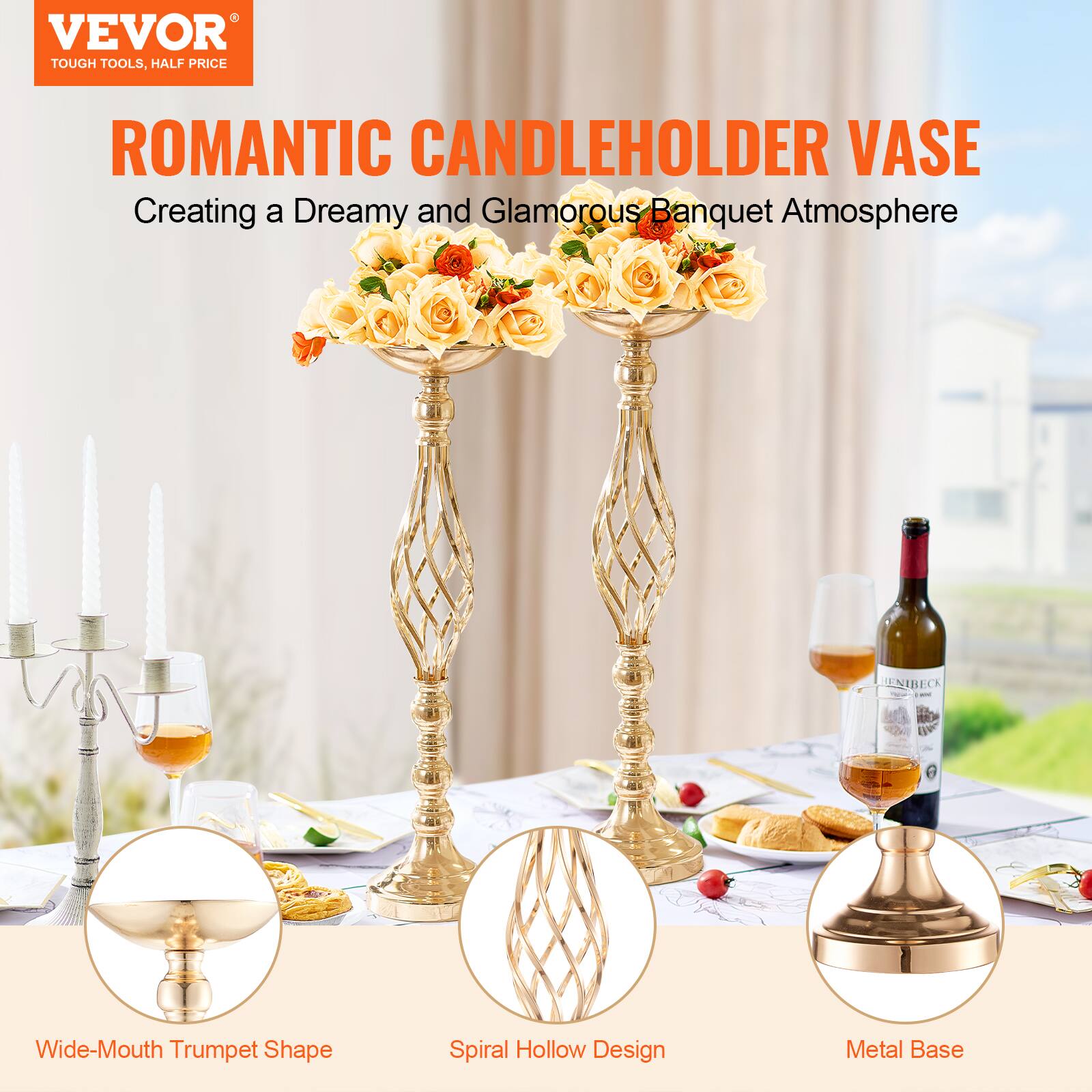 VEVOR  
TOUGH TOOLS, HALF PRICE  

ROMANTIC CANDLEHOLDER VASE  
Creating a Dreamy and Glamorous Banquet Atmosphere  

Wide-Mouth Trumpet Shape  
Spiral Hollow Design  
Metal Base