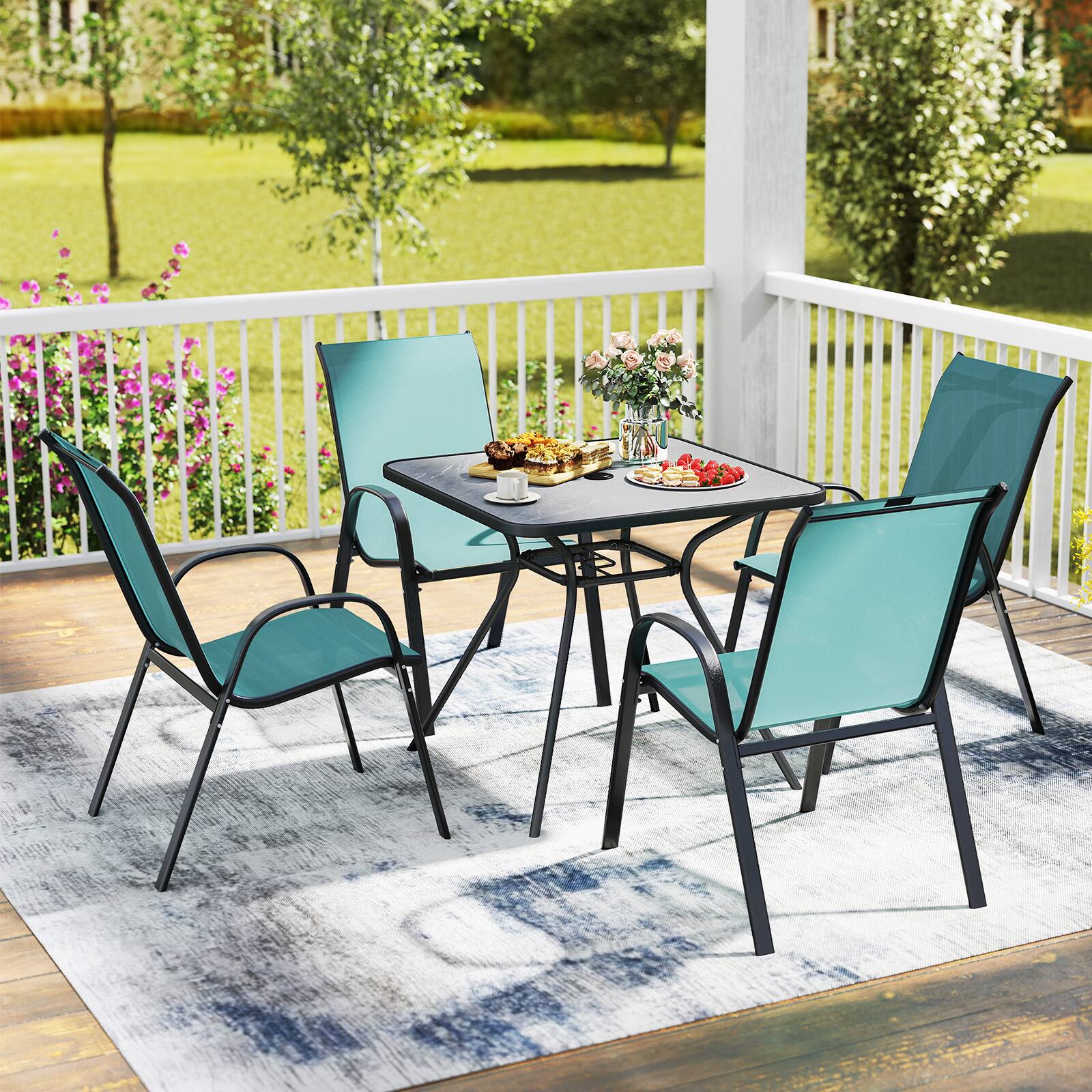 Alt View 3. Gymax - Gymax Set of 4 Patio Dining Chairs Stackable Armrest Space Saving Garden Blue - Lake Blue.