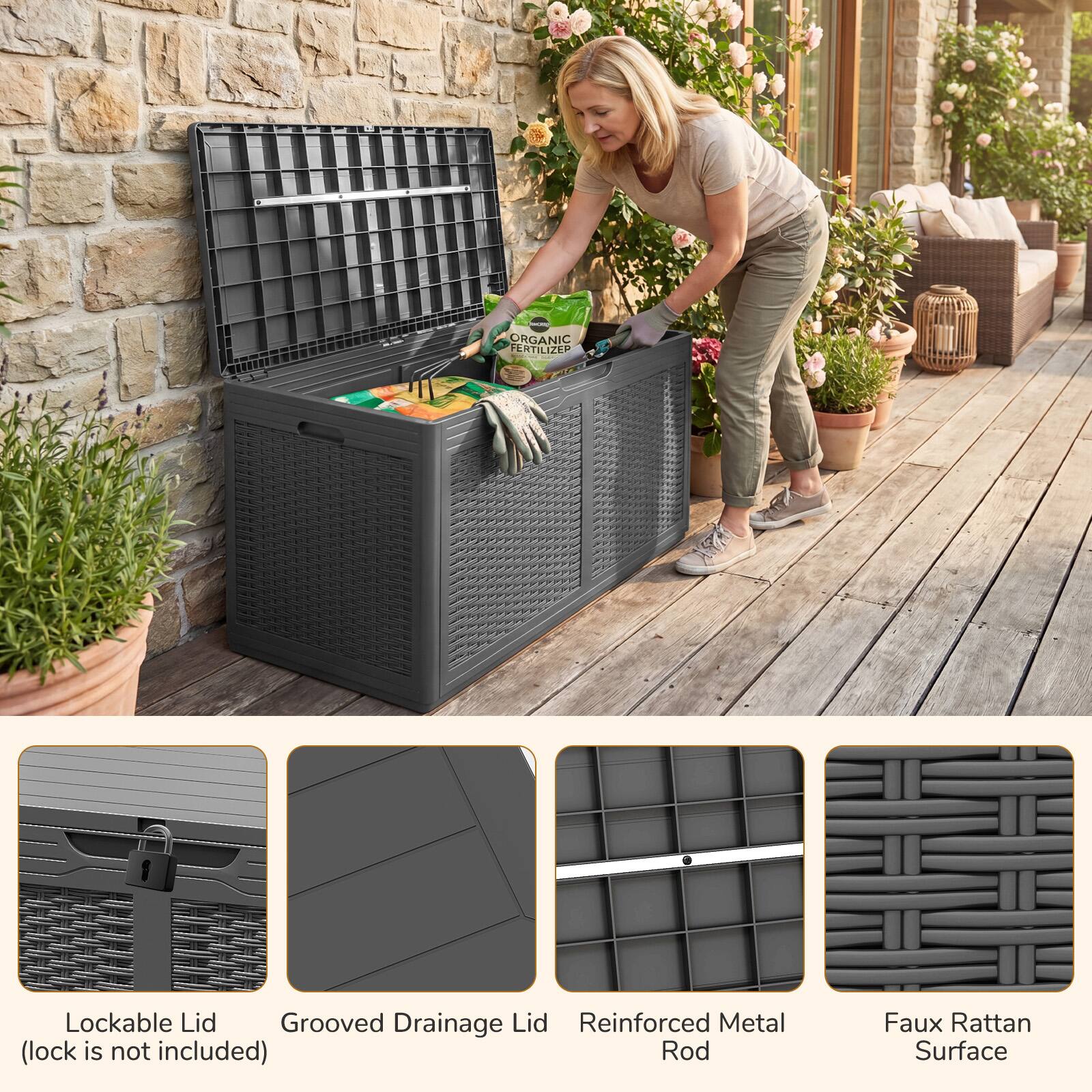 ORGANIC FERTILIZER

Lockable Lid
Grooved Drainage Lid
Reinforced Metal Rod
Faux Rattan Surface

(lock is not included)