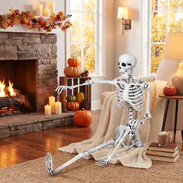 Costway - 5.4ft Halloween Skeleton Life Size Realistic Full Body Hanging w/ Movable Joints Advent Calendar - Grayish White