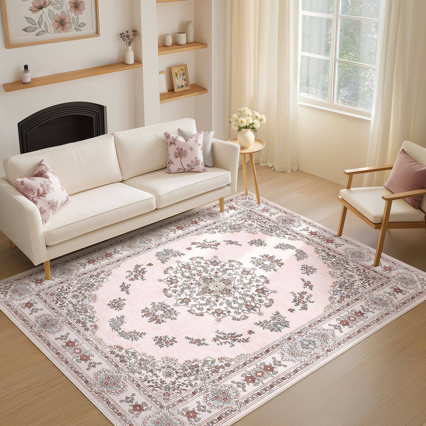 Angle. Yardgrace - 5' x 7' ft Washable Bohemian-Style Rug With Non-Slip Backing; Non-Slip Indoor Rug, Perfect For The Bedroom - Light Pink.