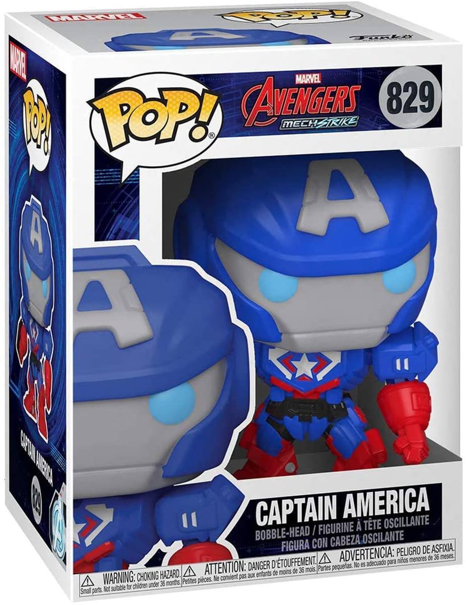 **MARVEL AVENGERS MECH STRIKE**

**POP! 829**

**CAPTAIN AMERICA**

**BOBBLE-HEAD / FIGURINE À TÊTE OSCILLANTE / FIGURA CON CABEZA OSCILANTE**

**WARNING: CHOKING HAZARD. Small parts. Not suitable for children under 36 months.**

**ATTENTION: DANGER D'ÉTOUFFEMENT. Petites pièces. Ne convient pas aux enfants de moins de 36 mois.**

**ADVERTENCIA: PEOR DE ASFIXIA. Peligro de asfixia. No es adecuado para niños menores de 36 meses.**
