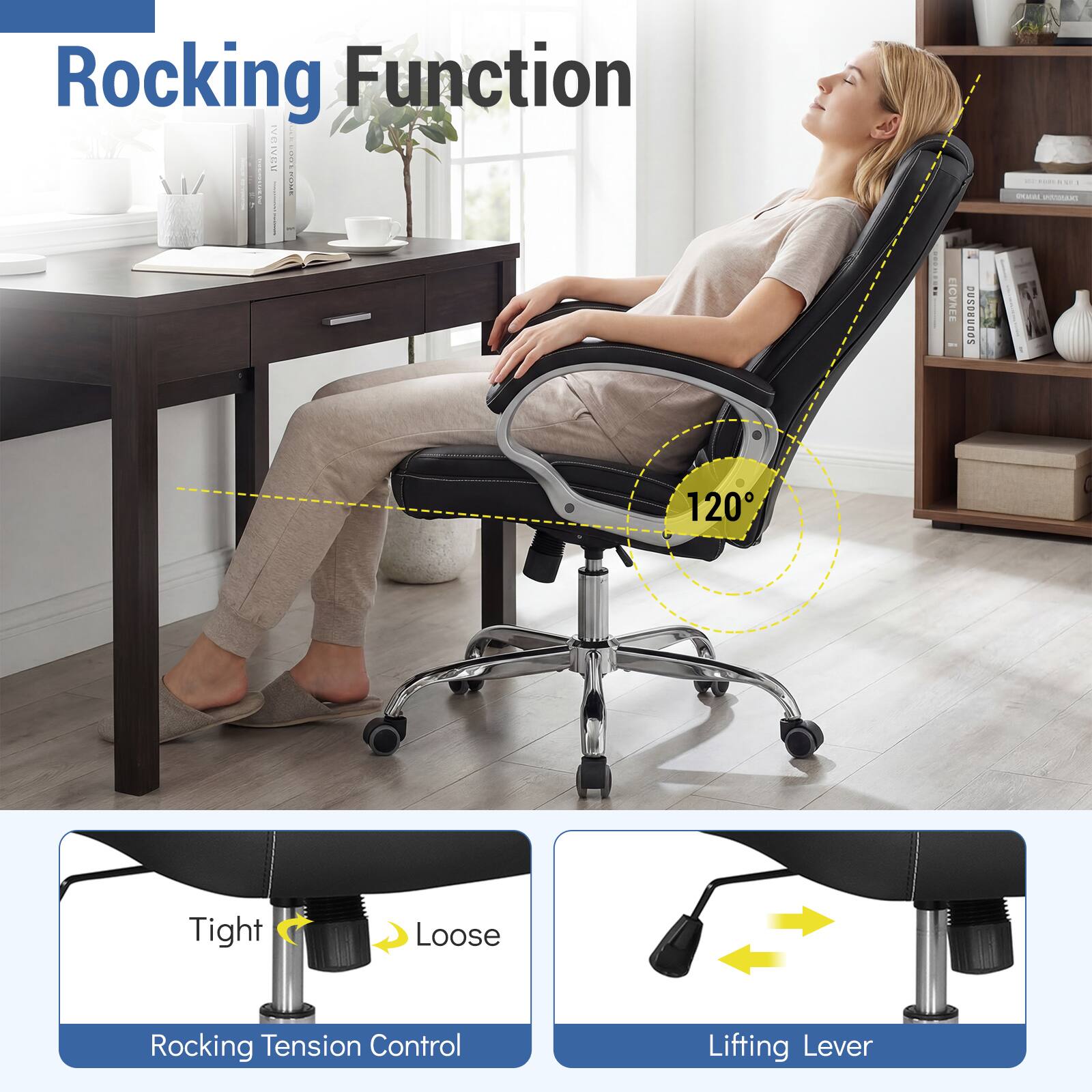 Rocking Function

- Tight Loose Rocking Tension Control
- Lifting Lever

120°