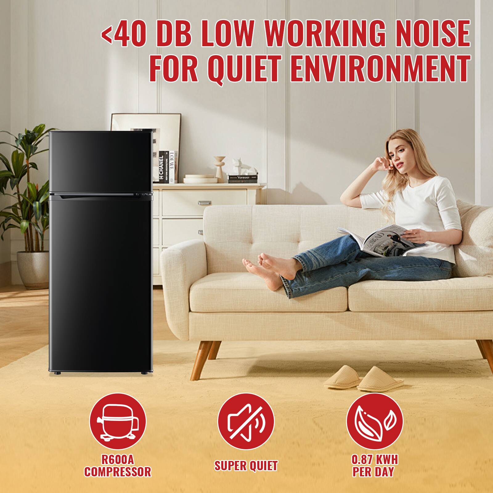 Sure, here is the corrected and grouped text from the image:

---

**<40 DB LOW WORKING NOISE FOR QUIET ENVIRONMENT**

- **R600A COMPRESSOR**
- **SUPER QUIET**
- **0.87 KWH PER DAY**

---