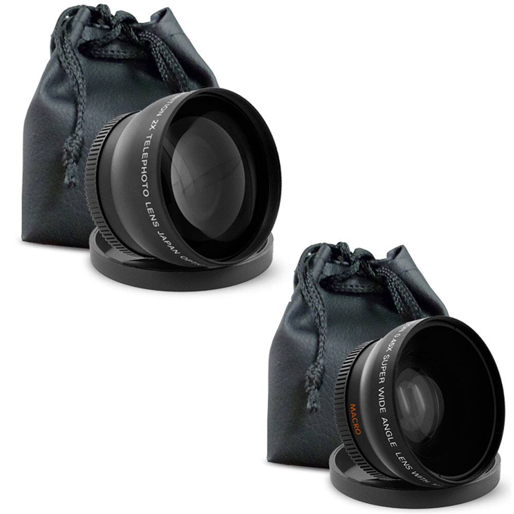 Sure, here is the corrected and grouped text from the image:

**Left Lens:**
- 2X TELEPHOTO LENS
- JAPAN

**Right Lens:**
- SUPER WIDE ANGLE LENS
- MACRO