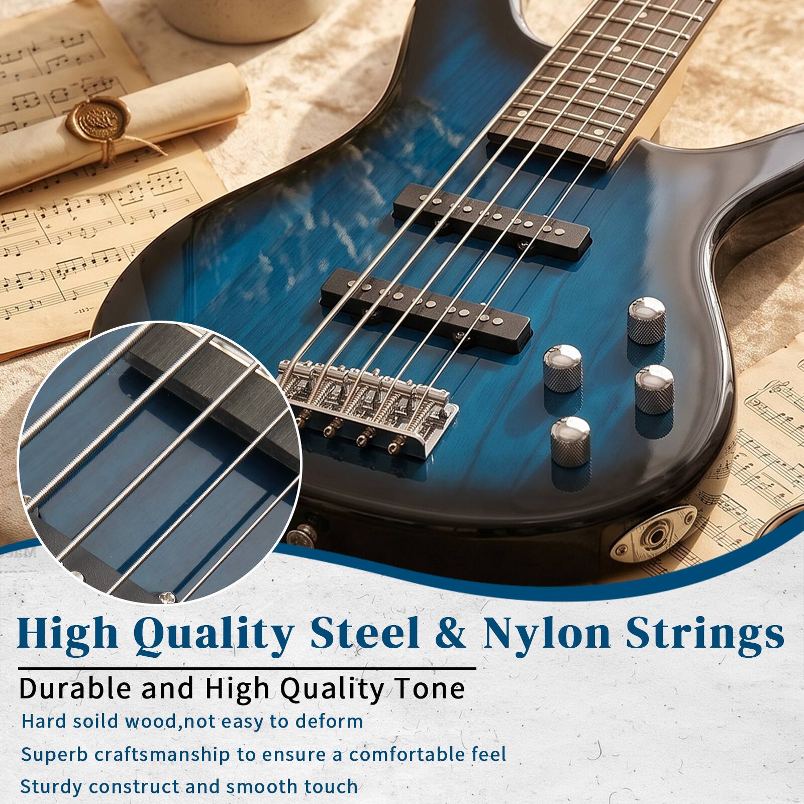 -133-
High Quality Steel & Nylon Strings
Durable and High Quality Tone
Hard solid wood, not easy to deform
Superb craftsmanship to ensure a comfortable feel
Sturdy construct and smooth touch