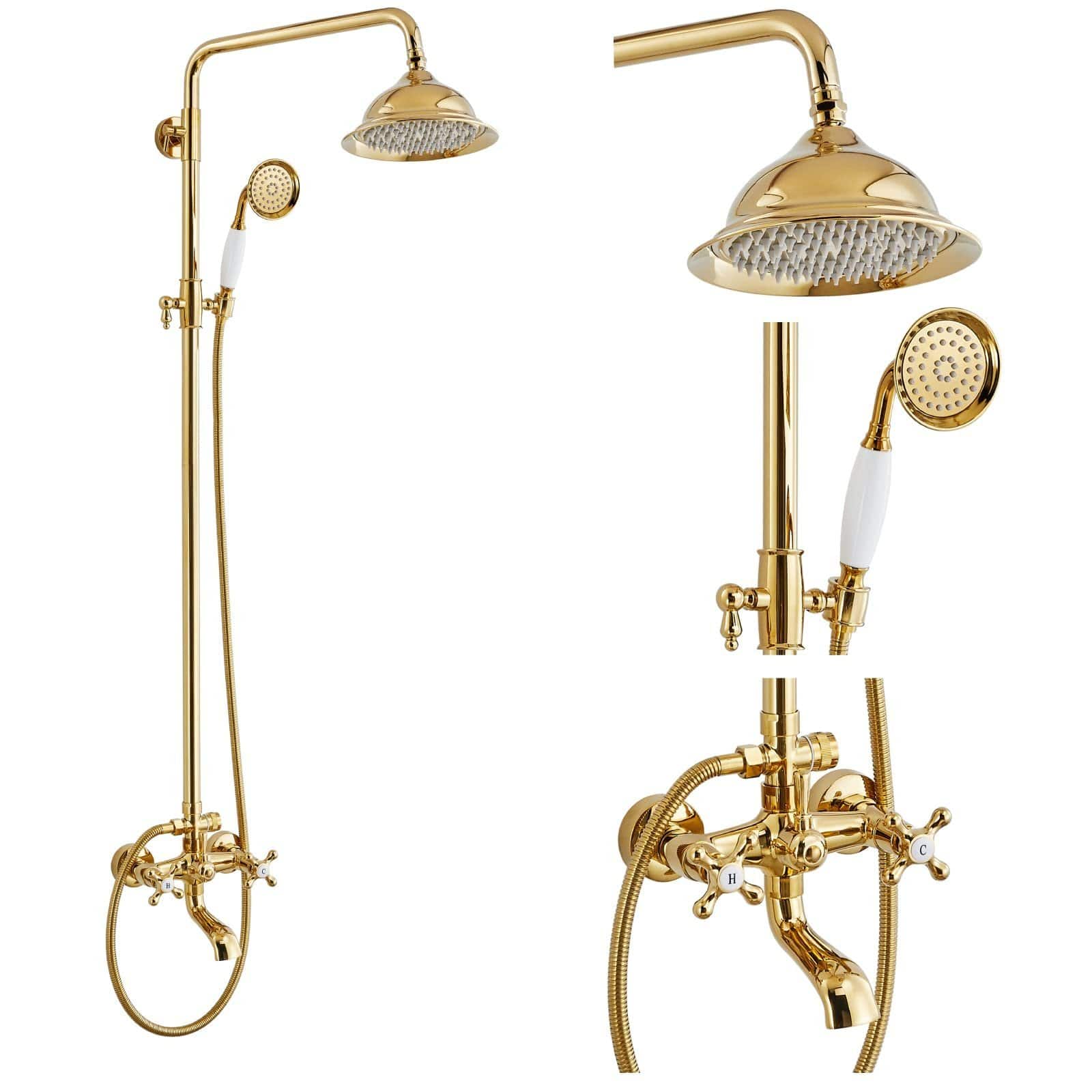 Dazzed Corner - Exposed Bathroom Shower Faucet - 8” Rainfall Head - Polished Gold