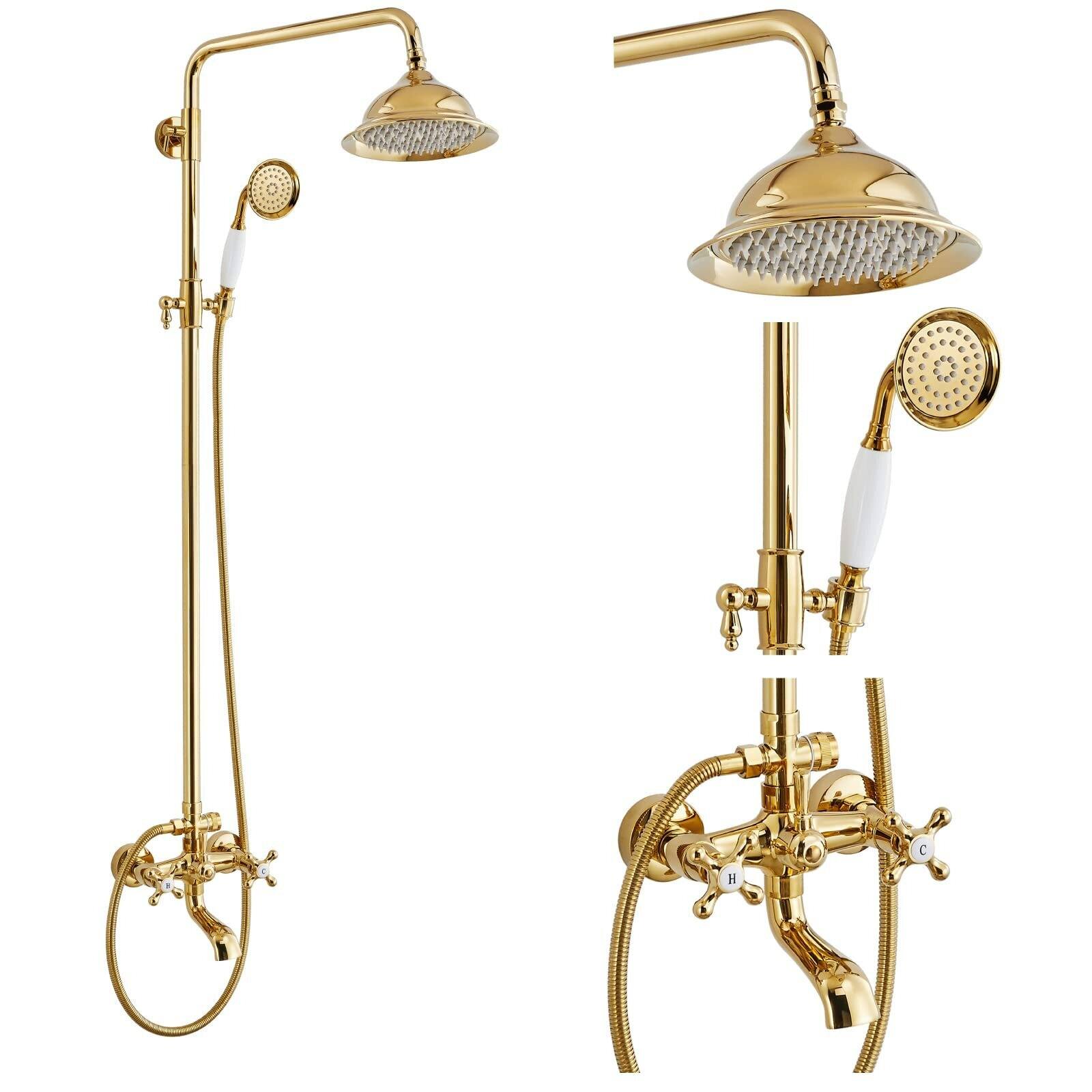 Dazzed Corner - Exposed Bathroom Shower Faucet - 8” Rainfall Head - Polished Gold