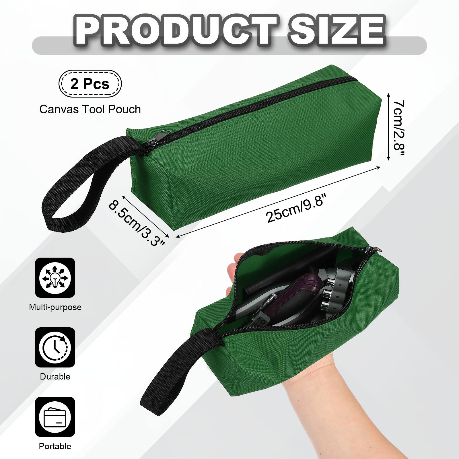 PRODUCT SIZE

2 Pcs Canvas Tool Pouch

8.5cm/3.3" 25cm/9.8" 7cm/2.8"

Multi-purpose Durable Portable