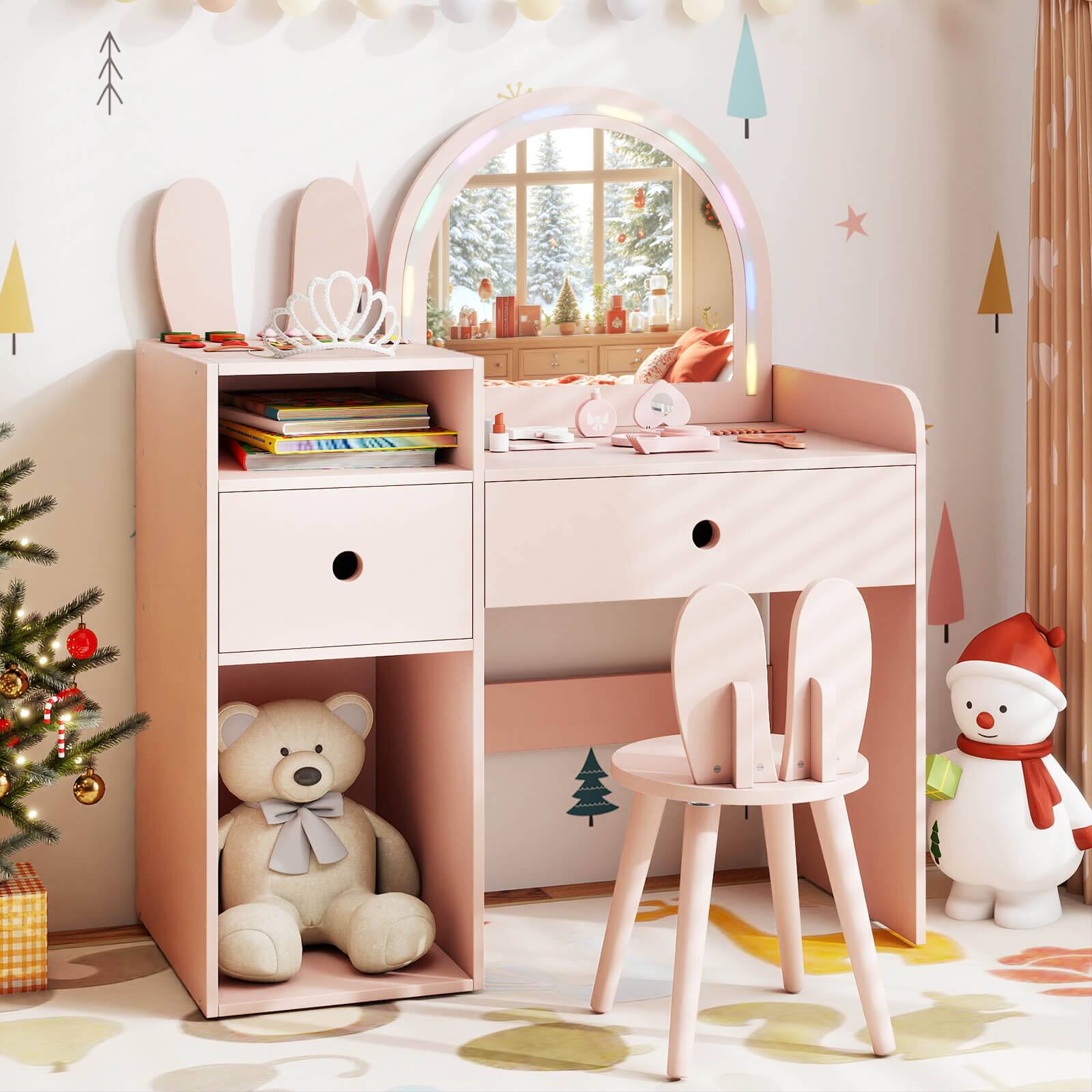 Alt View 3. Costway - Costway Princess Bunny Makeup Table with Lighted Mirror, Open Shelves and Storage Drawers - Pink.