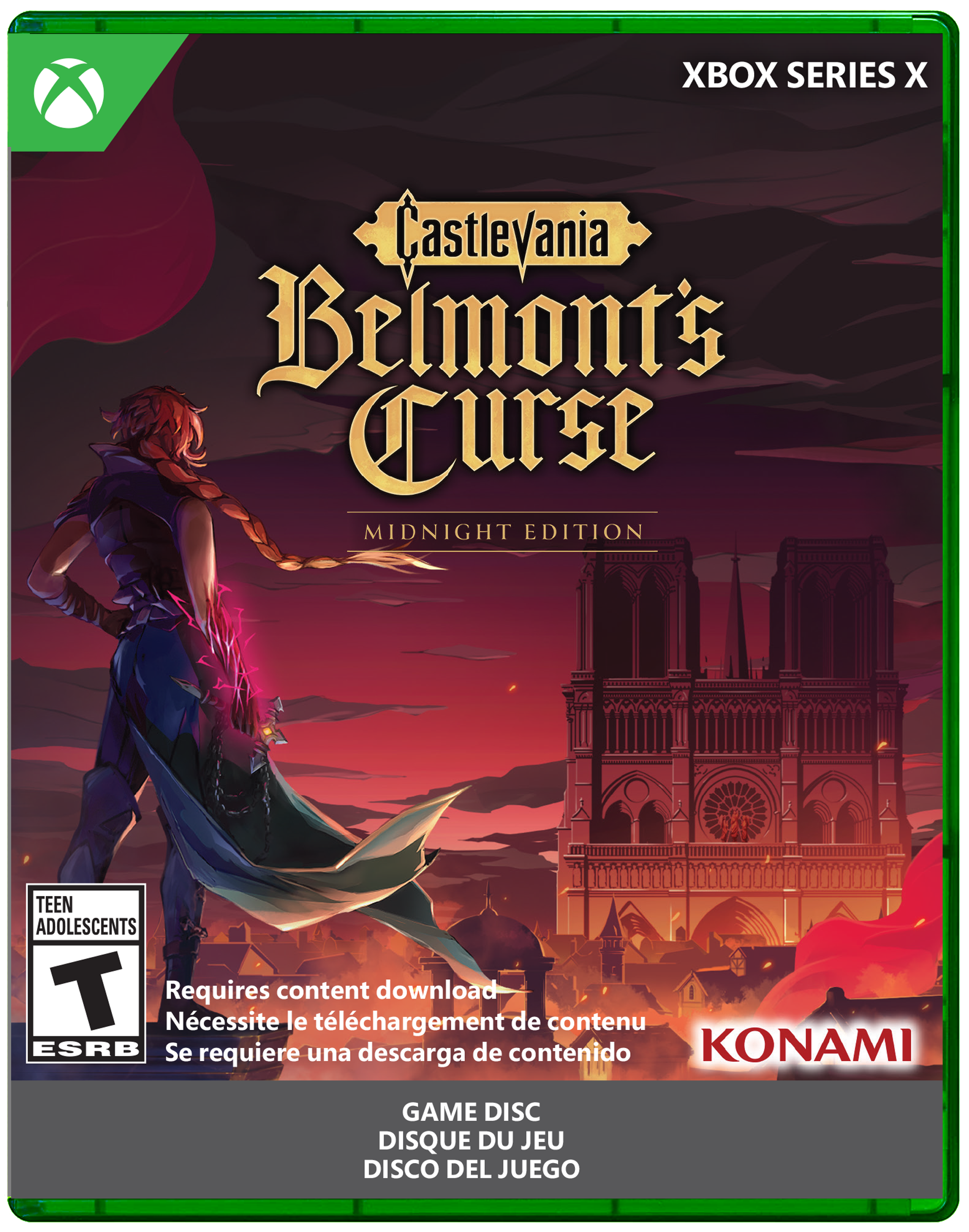XBOX SERIES X  
Castlevania Belmont's Curse MIDNIGHT EDITION  
TEEN ADOLESCENTS T  
Requires content download  
Nécessite le téléchargement de contenu  
Se requiere una descarga de contenido  
KONAMI  
GAME DISC  
DISQUE DU JEU  
DISCO DEL JUEGO - T (Teen 13+)