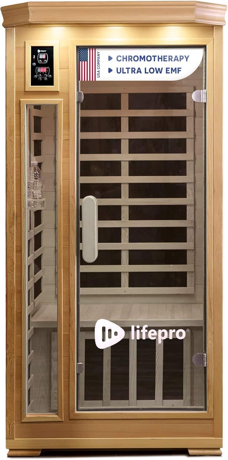 LifePro - Infrared Sauna for Home 1 Person Wooden Indoor Sauna Low EMF Carbon Fiber Heaters Bluetooth Speakers - Brown