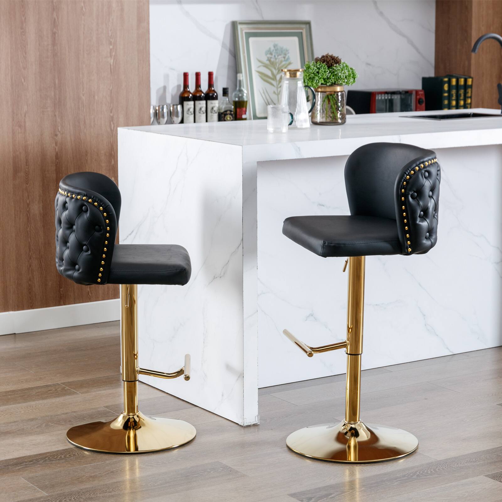 Alt View 3. Trinkets Crazed - Swivel Barstools Set of 2, Adjusatble Seat Height with Gold-Plating Base, Classic PU Upholstered Bar Stools - Black.