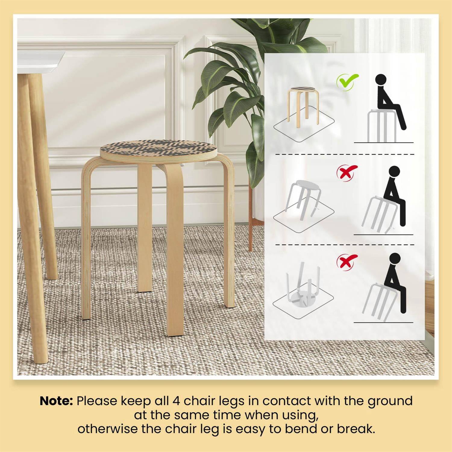 Note: Please keep all 4 chair legs in contact with the ground at the same time when using, otherwise the chair leg is easy to bend or break.