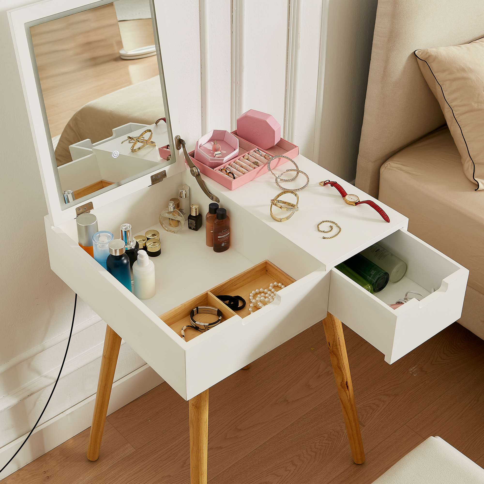 Back. APRILSOUL - Small Makeup Vanity Table Dresser Desk with 2 Drawers  Flip Top Mirror Organizer Makeup Dressing Table - White.
