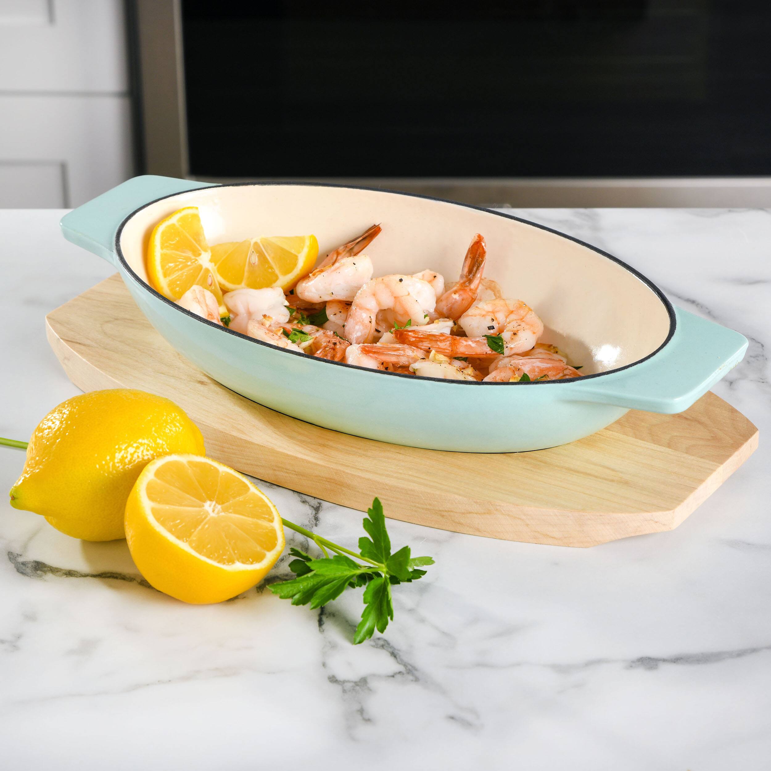 Alt View 8. Martha Stewart - Martha Stewart 2 Piece Enameled Cast Iron Oval Casserole Birch Wood Trivet Set in Aqua - Aqua.