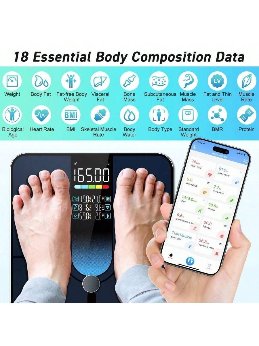 18 Essential Body Composition Data

- Weight
- Body Fat
- Fat-free Body Weight
- Visceral Fat
- Bone Mass
- Subcutaneous Fat
- Muscle Mass
- Fat Mass
- Fat and Thin Muscle Level
- Muscle Rate
- Biological Age
- Heart Rate
- BMI
- Skeletal Muscle Rate
- Body Water
- Body Type
- Standard Weight
- BMR
- Protein

165.00

198.2 18.8% BMI

98.0

26.0

76.0 bpm Heart Rate

61.0% Body Water

5.0 Visceral Fat

2.7kg Bone Mass

1414.0 kcal BMR

18.8% Protein

6.6% Subcutaneous Fat

20.0 Fat Level

55.3kg Lean Body Mass

Thin Muscle Body Type