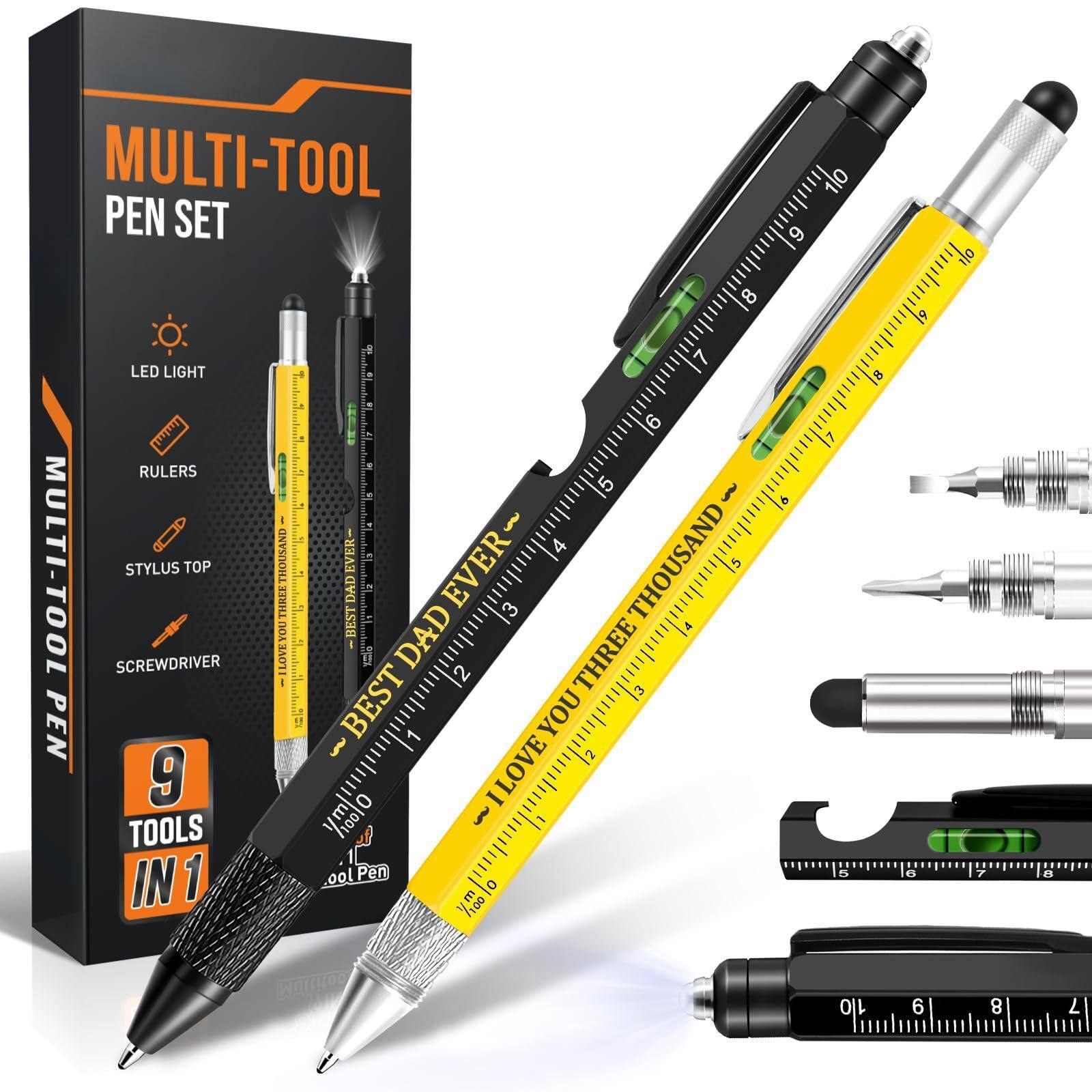 Sure, here is the corrected and grouped text from the image:

---

**MULTI-TOOL PEN SET**

- LED LIGHT
- RULERS
- STYLUS TOP
- SCREWDRIVER

**9 TOOLS IN 1**

**BEST DAD EVER**

**I LOVE YOU DAD**

**YOU THREE THOUSAND**

**I LOVE YOU**

**MULTI-TOOL PEN**

**9 TOOLS IN 1**

**BEST DAD EVER**

**I LOVE YOU DAD**

**YOU THREE THOUSAND**

**I LOVE YOU**

**MULTI-TOOL PEN**

**9 TOOLS IN 1**

**BEST DAD EVER**

**I LOVE YOU DAD**

**YOU THREE THOUSAND**

**I LOVE YOU**

**MULTI-TOOL PEN**

**9 TOOLS IN 1**

**BEST DAD EVER**

**I LOVE YOU DAD**

**YOU THREE THOUSAND**

**I LOVE YOU**

**MULTI-TOOL PEN**

**9 TOOLS IN 1**

**BEST DAD EVER**

**I LOVE YOU DAD**

**YOU THREE THOUSAND**

**I LOVE YOU**

**MULTI-TOOL PEN**

**9 TOOLS IN 1