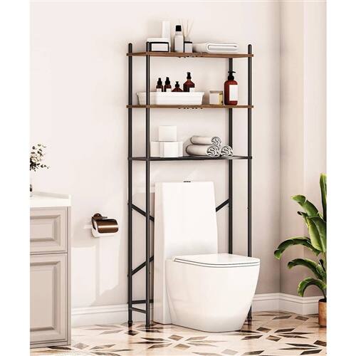 Angle. SlickBlue - Industrial Over Toilet Freestanding Bathroom Storage Unit with Wood Shelves - Black, Rustic Brown.