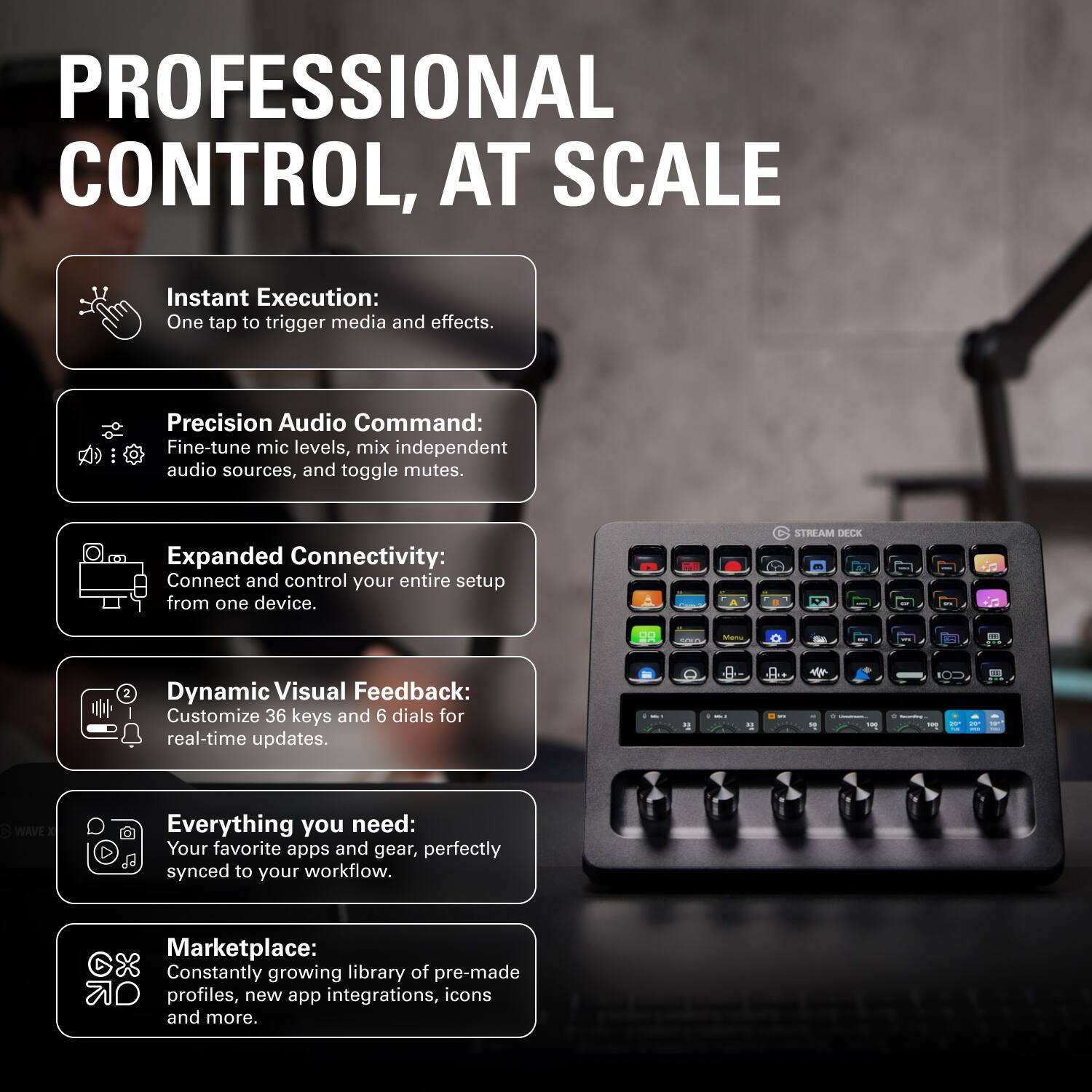 PROFESSIONAL CONTROL, AT SCALE

- Instant Execution: One tap to trigger media and effects.
- Precision Audio Command: Fine-tune mic levels, mix independent audio sources, and toggle mutes.
- Expanded Connectivity: Connect and control your entire setup from one device.
- Dynamic Visual Feedback: Customize 36 keys and 6 dials for real-time updates.
- Everything you need: Your favorite apps and gear, perfectly synced to your workflow.
- Marketplace: Constantly growing library of pre-made profiles, new app integrations, icons and more.