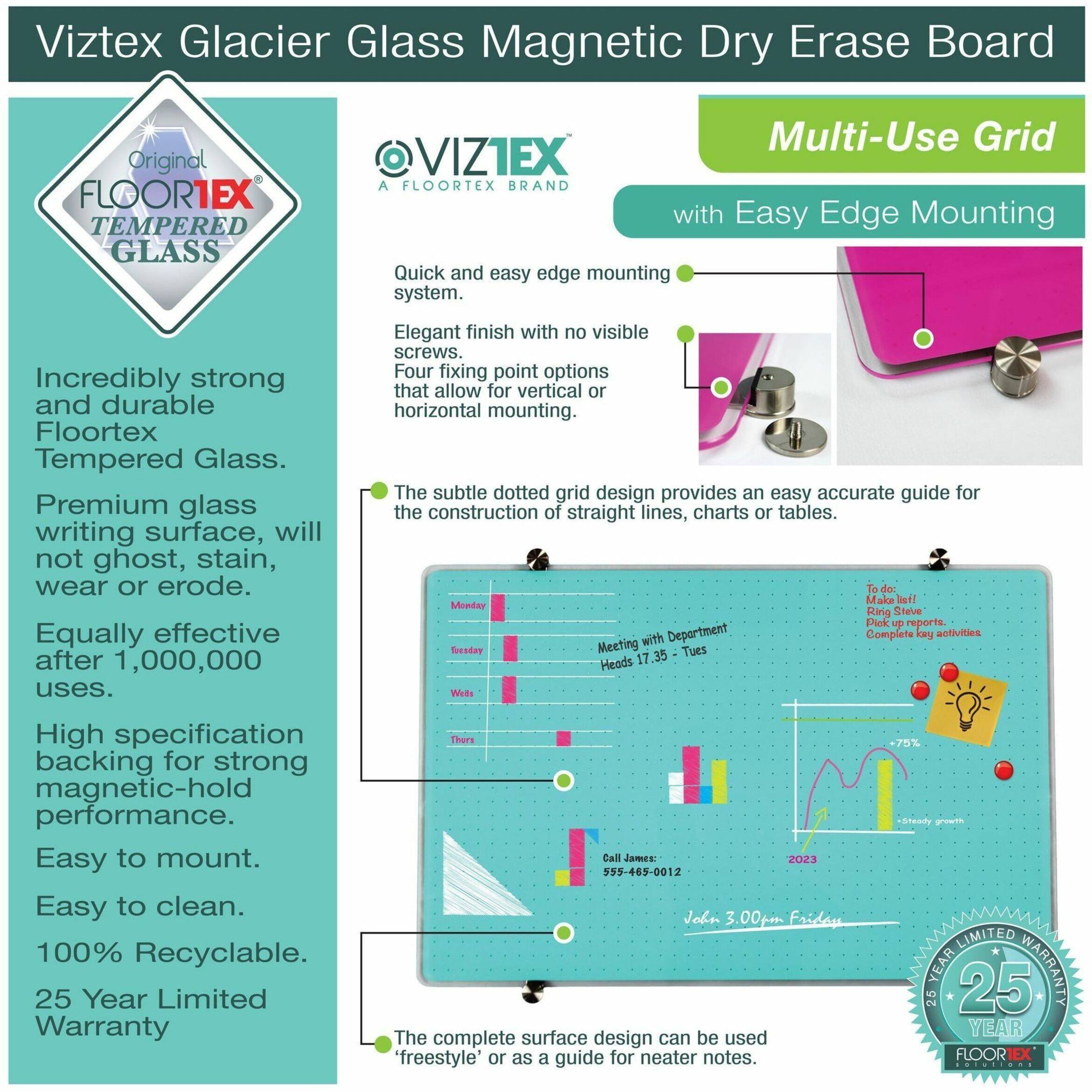 Alt View 18. Floortex - Viztex Glacier White Multi-Purpose Grid Glass Dry Erase Board 24'' x 36'' - White.