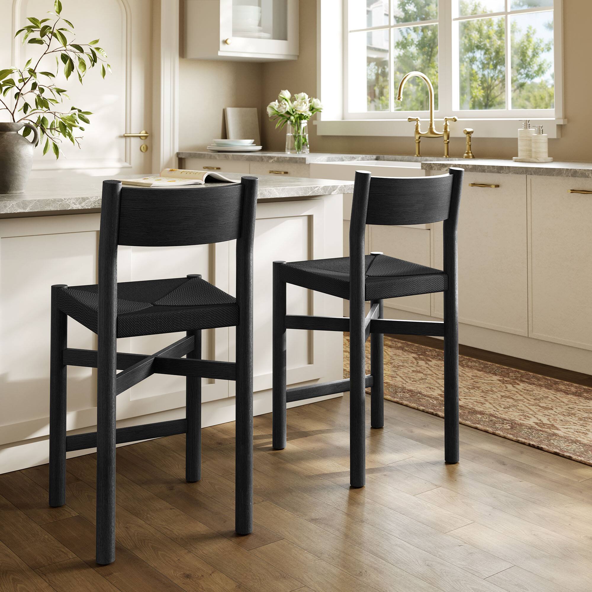 Alt View 1. Modway - Alvia Oak Woods Counter Stool With Woven Seats Set of 2 by Modway - Black.