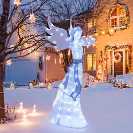Costway - 5 ft Christmas Angel Outdoor Pre-Lit Angel with Trumpet Halo Wings & 100 LED Lights Advent Calendar - White