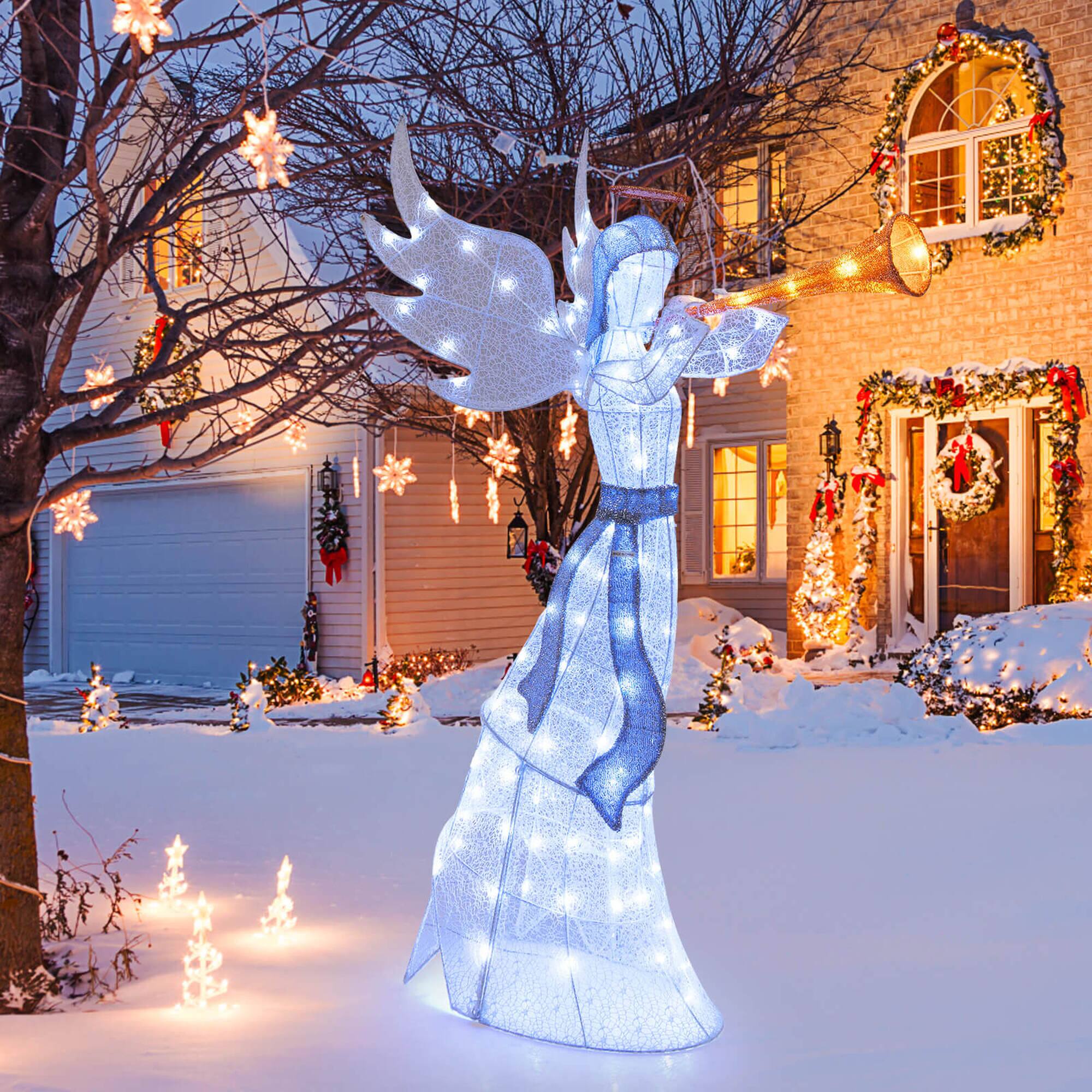Alt View 1. Costway - Costway 5 ft Christmas Angel Outdoor Pre-Lit Angel with Trumpet Halo Wings & 100 LED Lights - White.